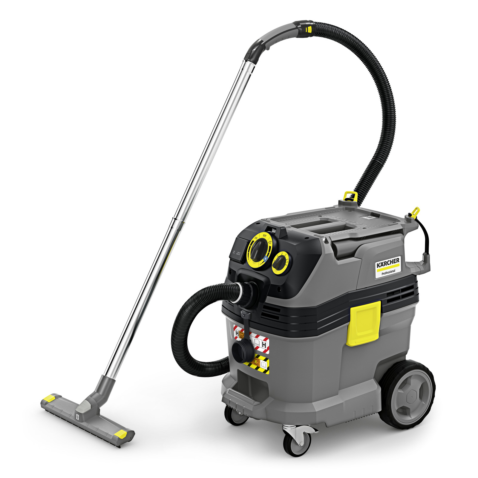 Kärcher professional vacuum cleaner with grey body, yellow accents, and attached hose on wheels.