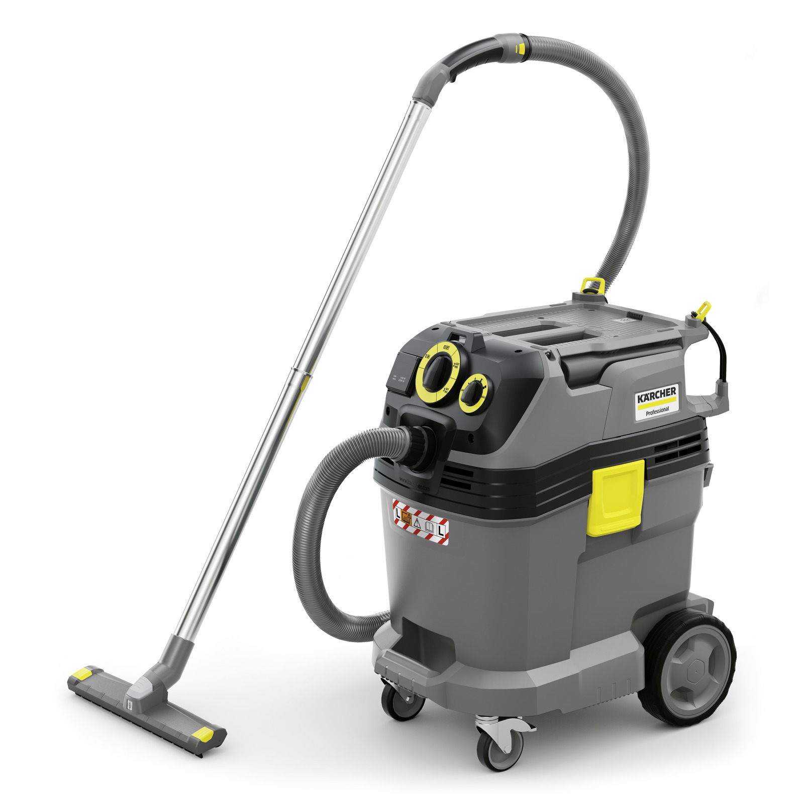 Aspirator Kärcher profesional, gri cu detalii galbene, pe roți, cu furtun și duză de aspirare.