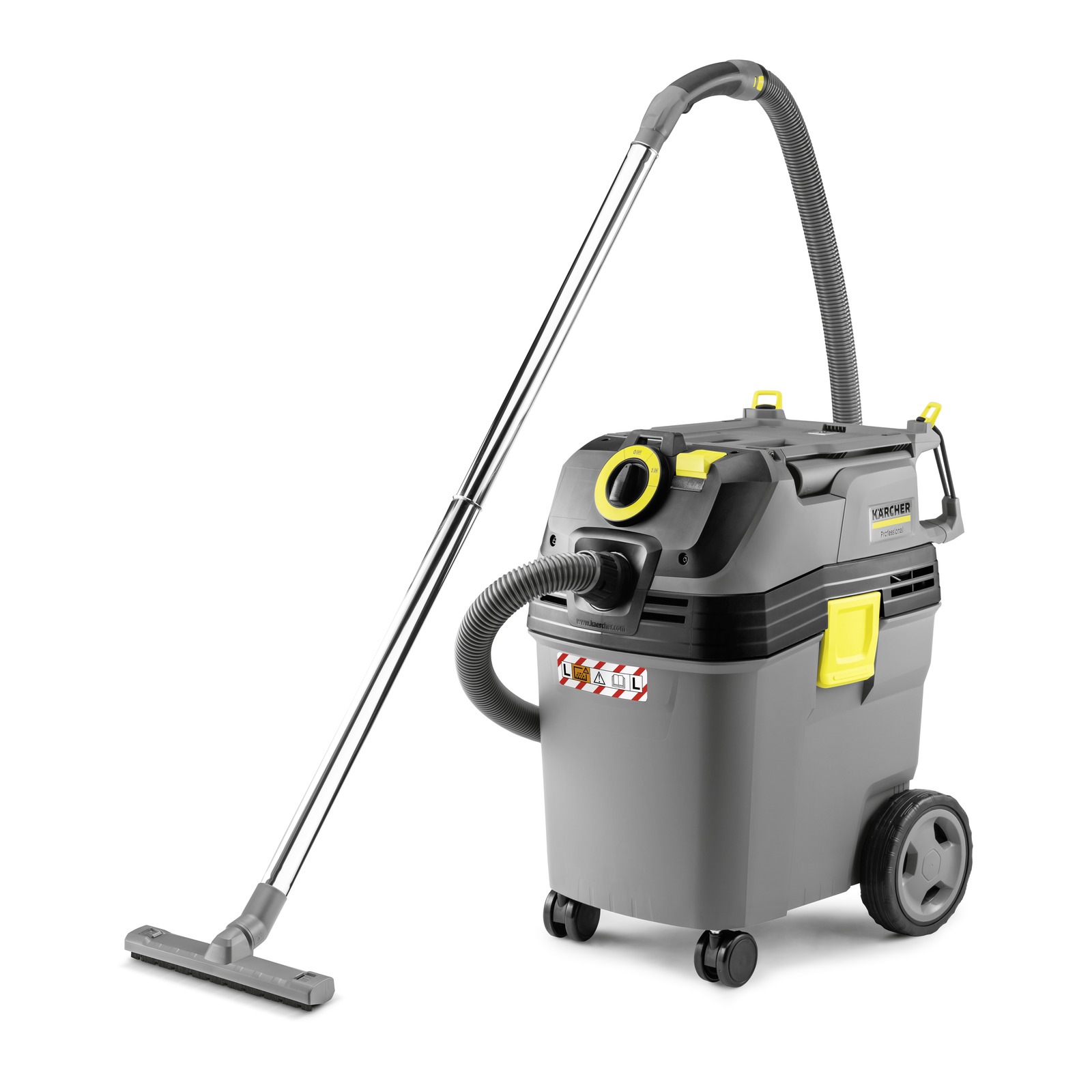 Kärcher wet and dry vacuum cleaner with a grey body, yellow accents, and a long hose on wheels. Kärcher wet and dry vacuum cleaner with a grey body, yellow accents, and a long hose on wheels.