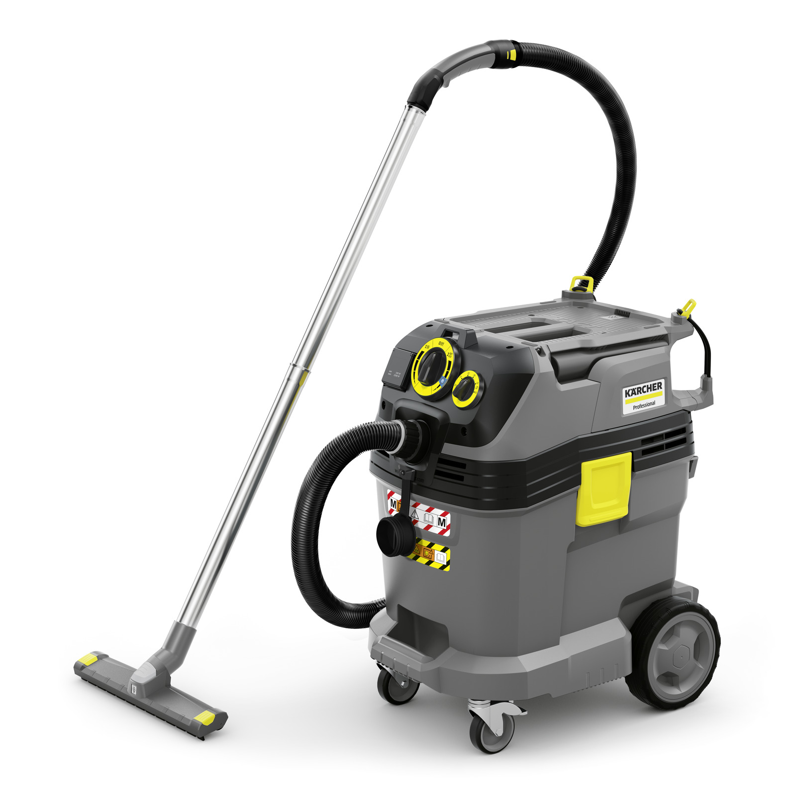 Kärcher wet and dry vacuum cleaner with grey body, yellow accents, and wheels, featuring a long hose and floor nozzle.