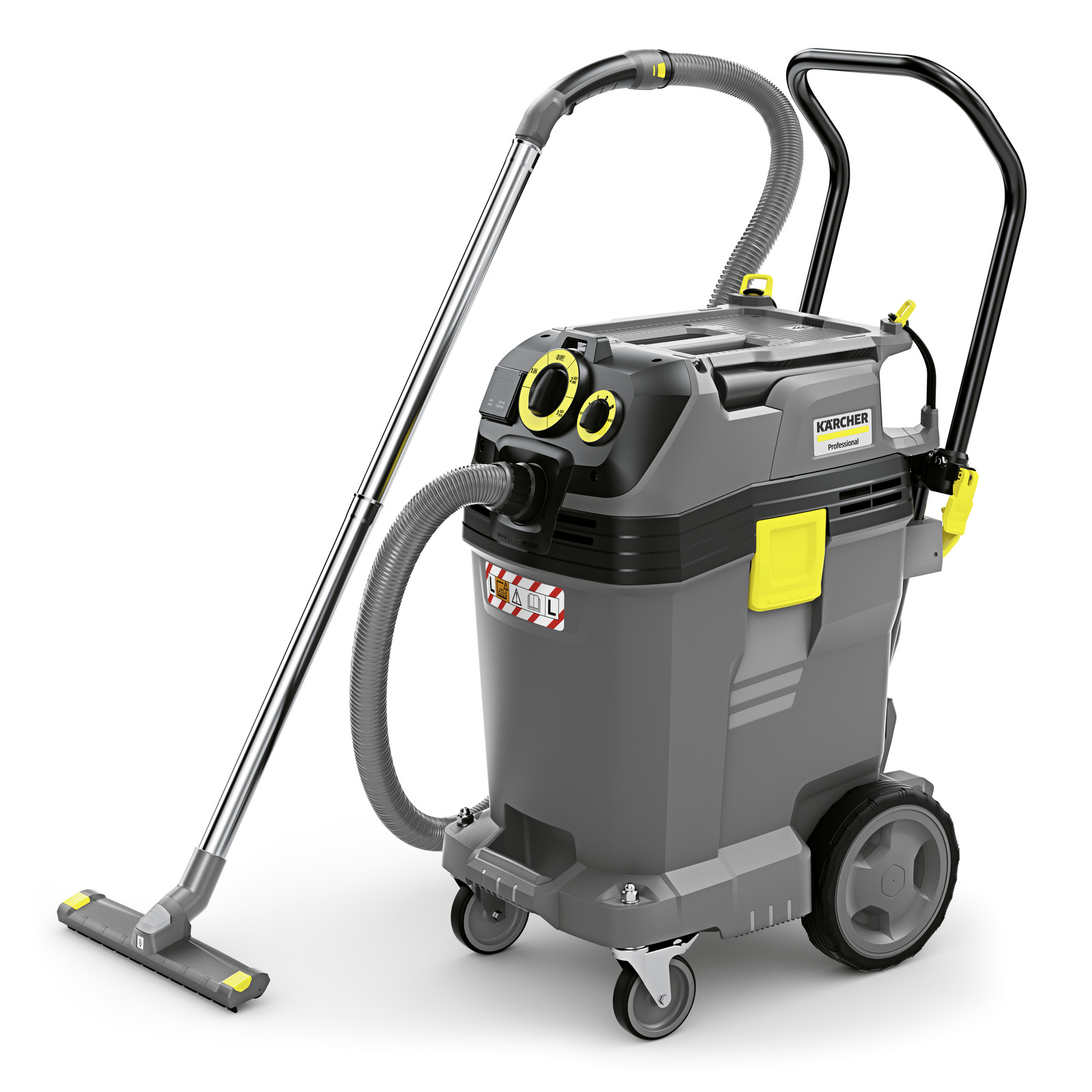 Kärcher industrial vacuum cleaner with grey body, yellow accents, hose, and wheels, designed for professional use.