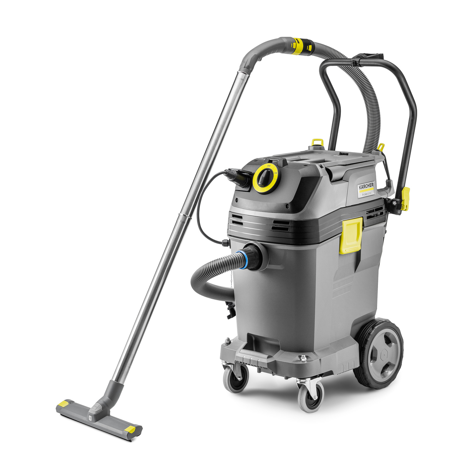 Kärcher wet and dry vacuum cleaner with a long hose and nozzle, featuring wheels and a handle for mobility. Kärcher wet and dry vacuum cleaner with a long hose and nozzle, featuring wheels and a handle for mobility.
