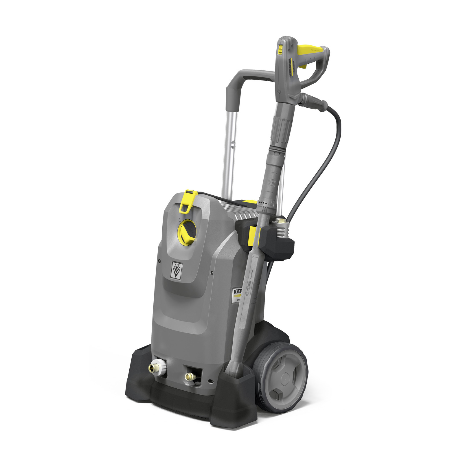 Aparat de curățare cu presiune Kärcher, model gri cu accente galbene, mâner ergonomic și roți pentru transport.