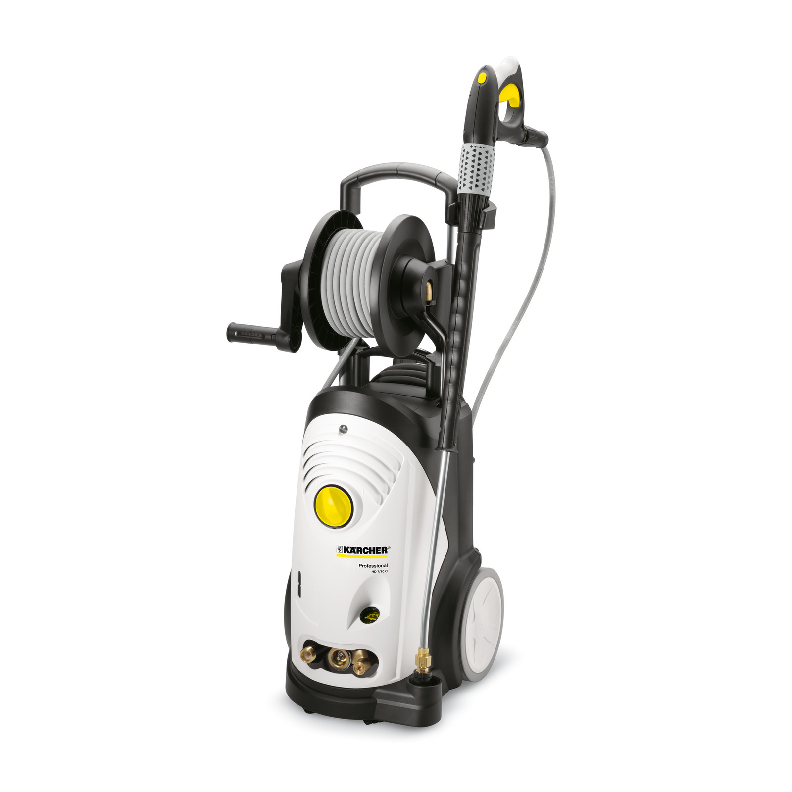 Kärcher high-pressure cleaner with hose reel and spray gun, featuring a white and black design with yellow accents.