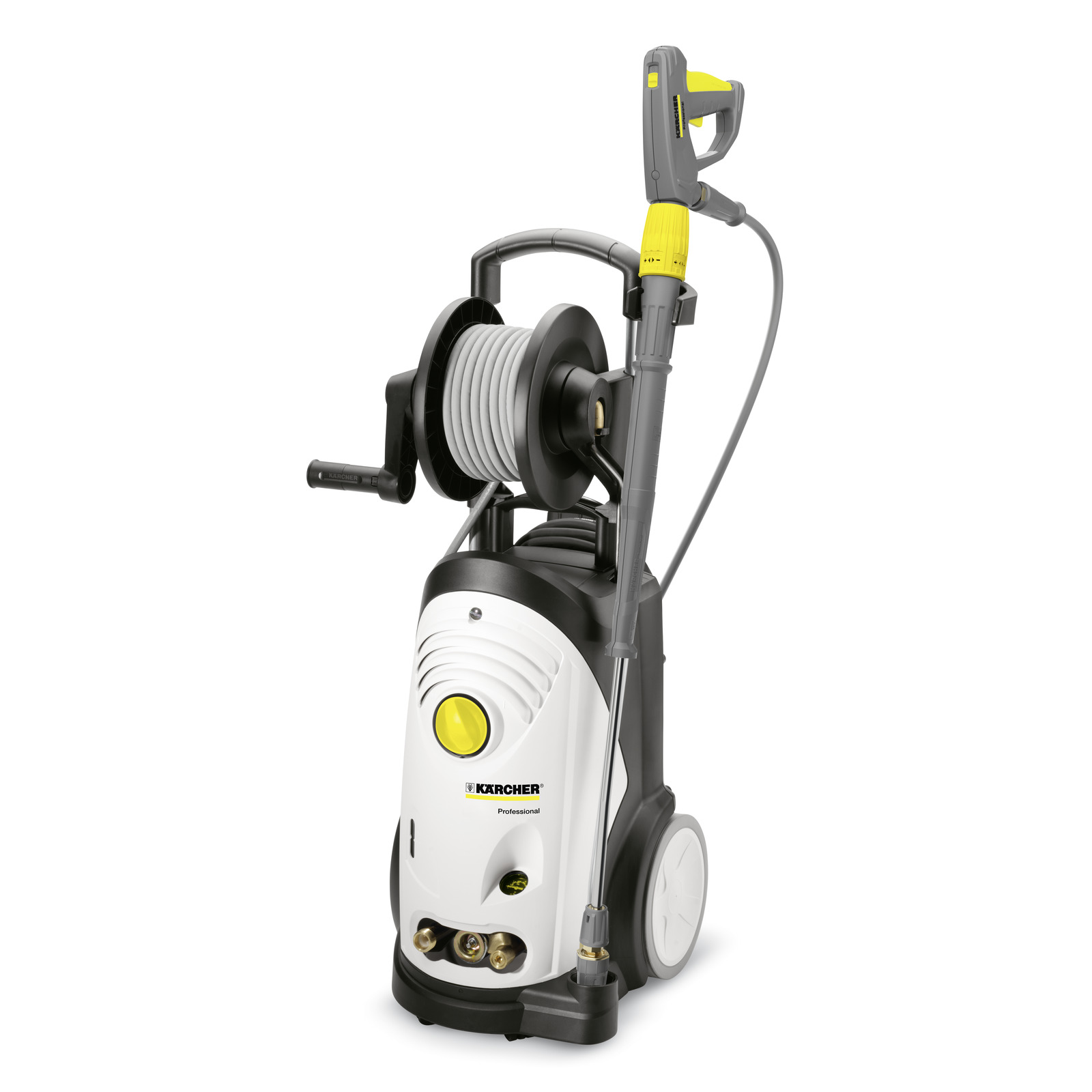 Kärcher high-pressure cleaner with hose reel and spray gun attachment, featuring a white and black design with yellow accents. Kärcher high-pressure cleaner with hose reel and spray gun attachment, featuring a white and black design with yellow accents.