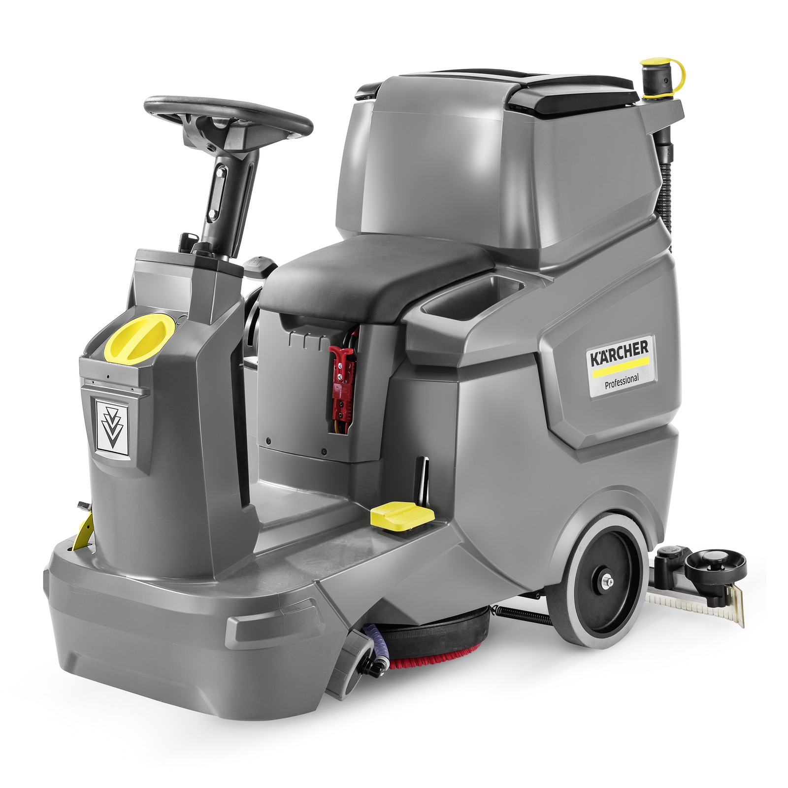 Aspirator Kärcher profesional, model cu scaun, gri, cu roți și perii rotative, utilizat pentru curățarea suprafețelor mari.