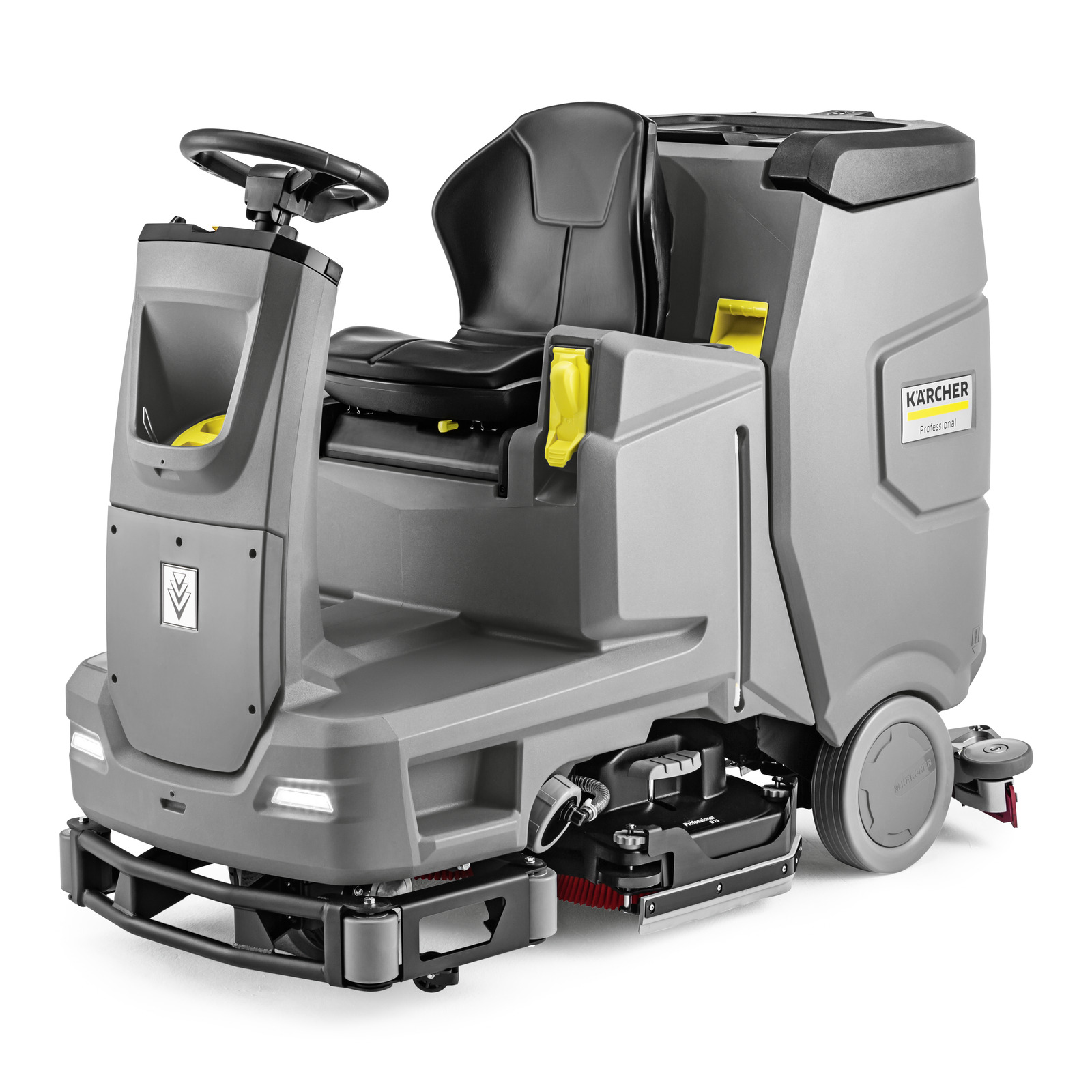 Kärcher ride-on floor scrubber with a black seat, steering wheel, and grey body. Kärcher ride-on floor scrubber with a black seat, steering wheel, and grey body.