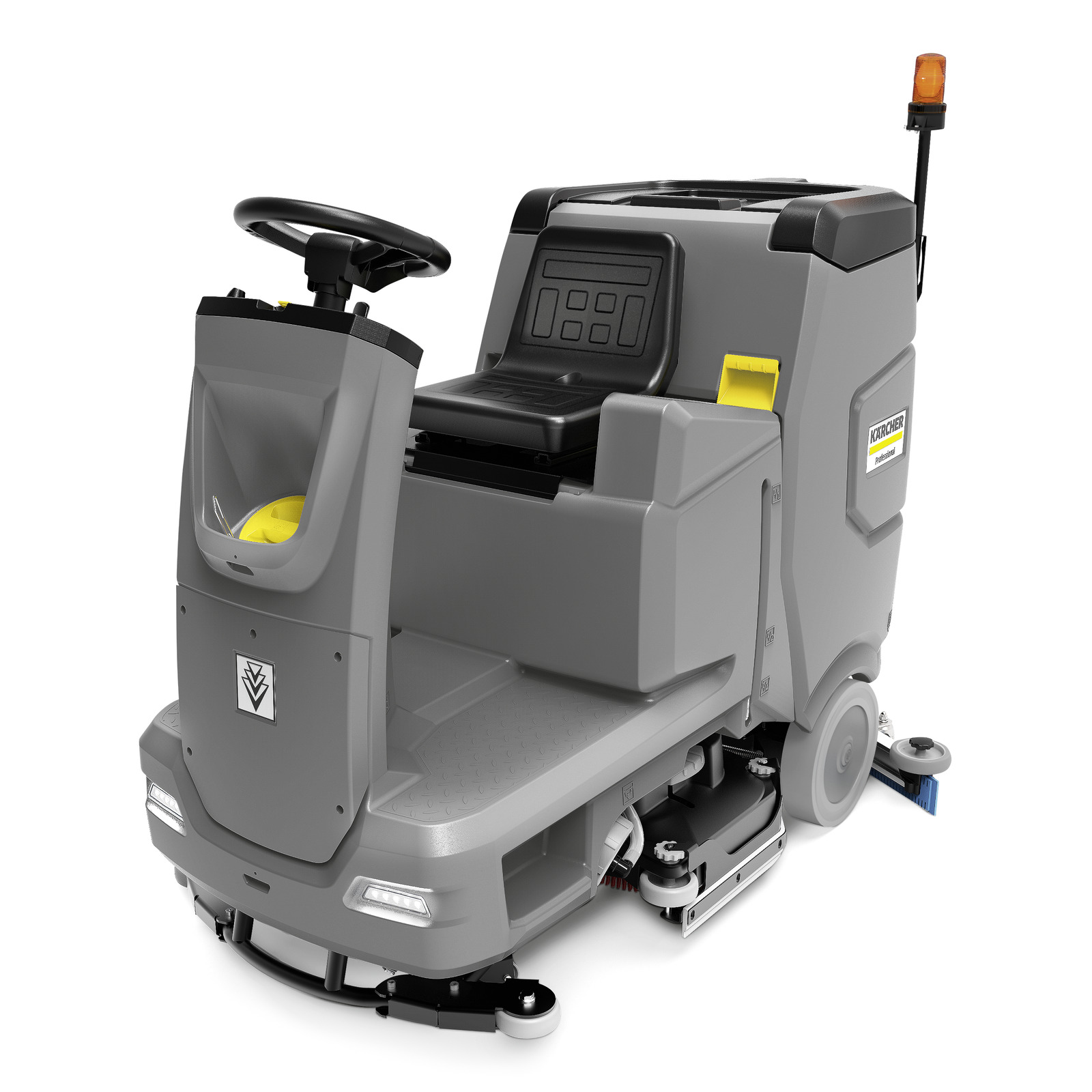 Kärcher ride-on floor scrubber with steering wheel, control panel, and orange safety light on top. Kärcher ride-on floor scrubber with steering wheel, control panel, and orange safety light on top.