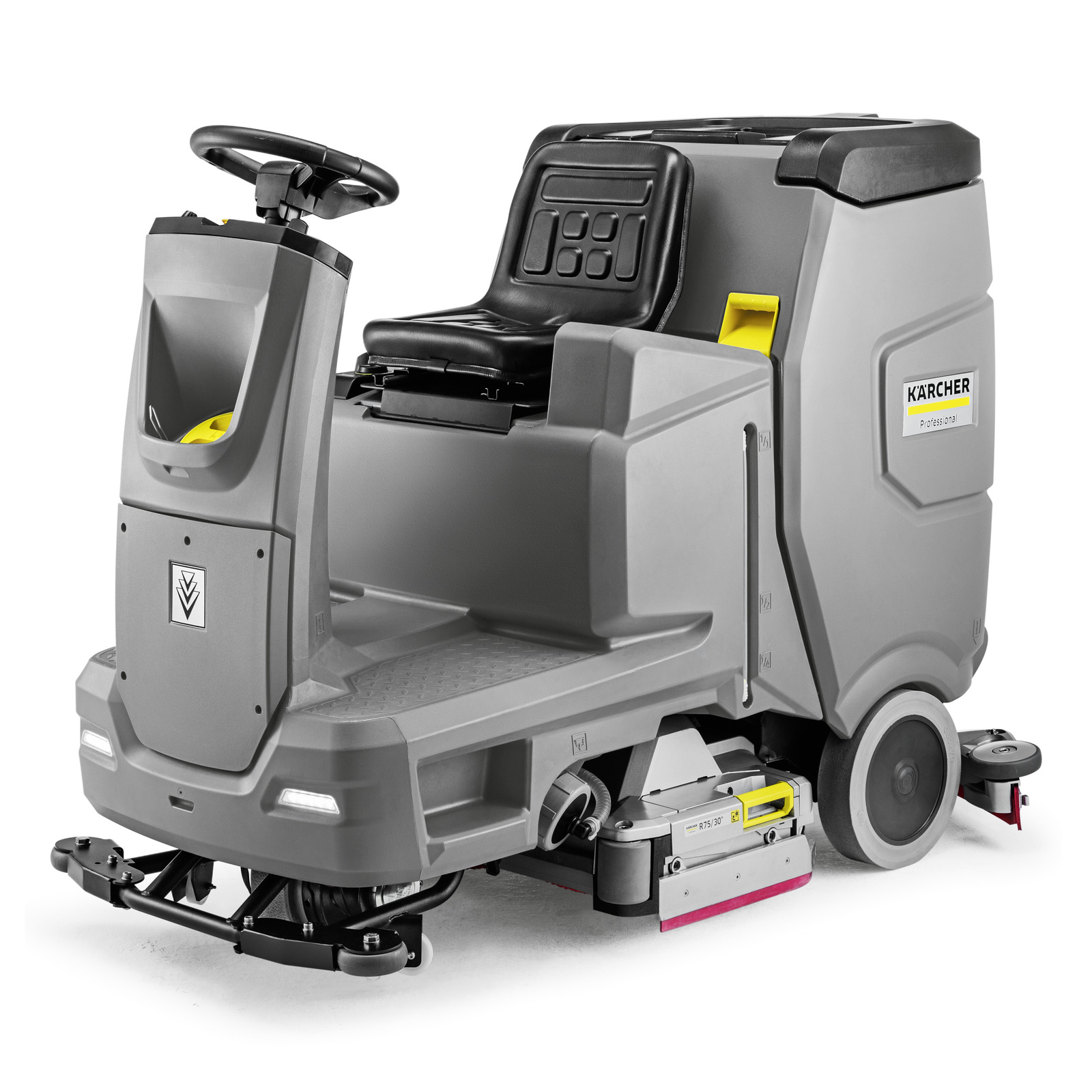 Kärcher ride-on floor scrubber with steering wheel, seat, and cleaning brushes visible. Grey and black design with product logo. Kärcher ride-on floor scrubber with steering wheel, seat, and cleaning brushes visible. Grey and black design with product logo.
