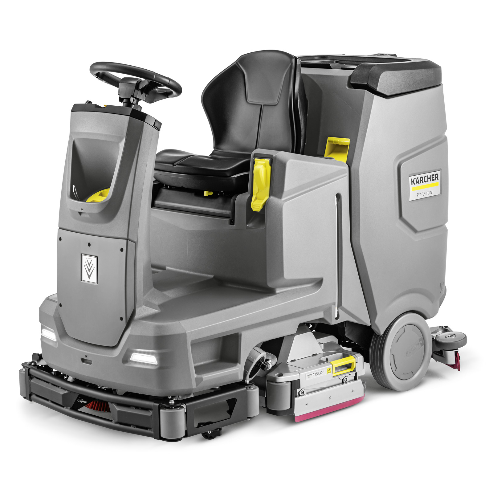 Kärcher ride-on floor scrubber with a black seat, steering wheel, and grey body featuring yellow accents. Kärcher ride-on floor scrubber with a black seat, steering wheel, and grey body featuring yellow accents.