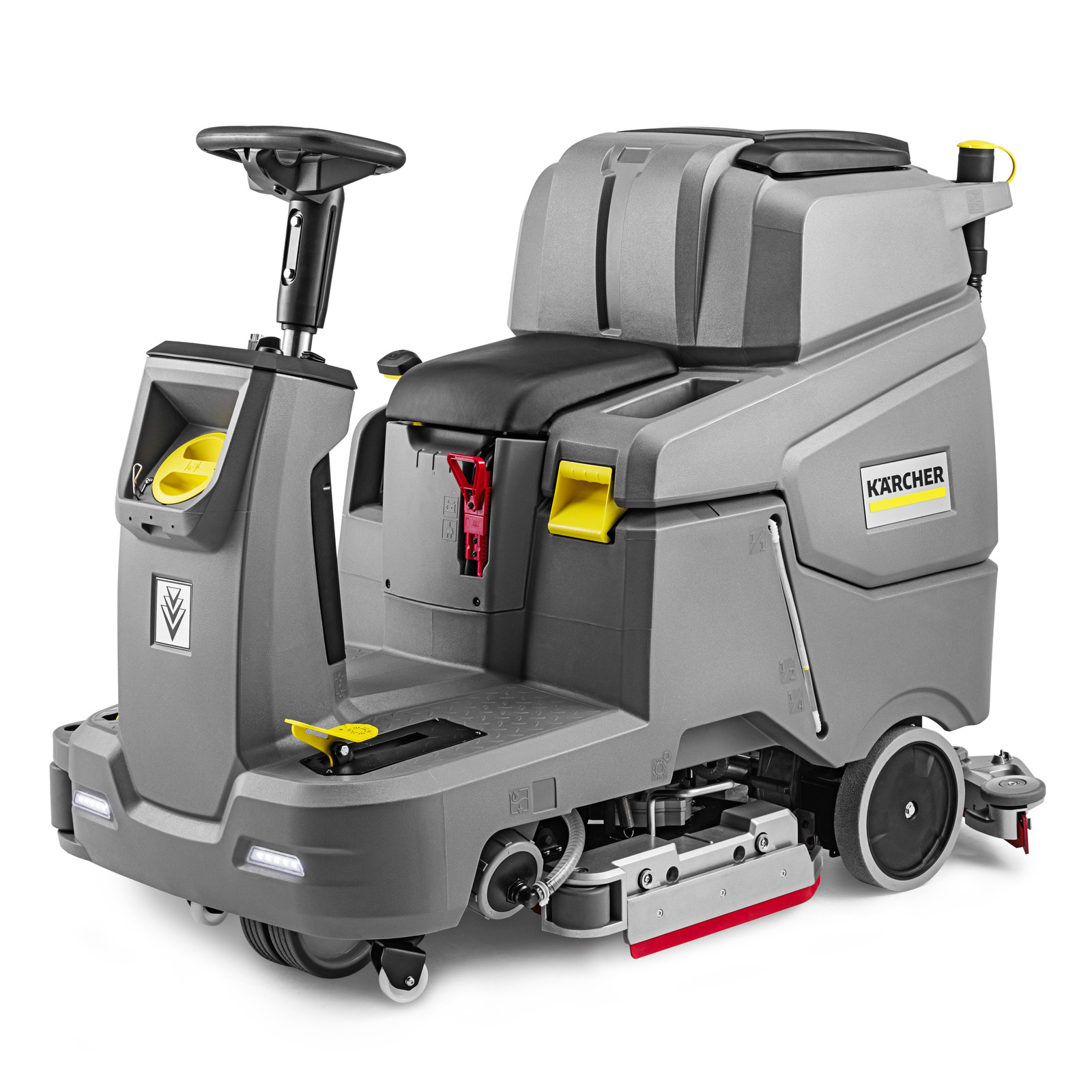 Kärcher ride-on floor scrubber with steering wheel, grey body, and red brushes, designed for indoor cleaning. Kärcher ride-on floor scrubber with steering wheel, grey body, and red brushes, designed for indoor cleaning.