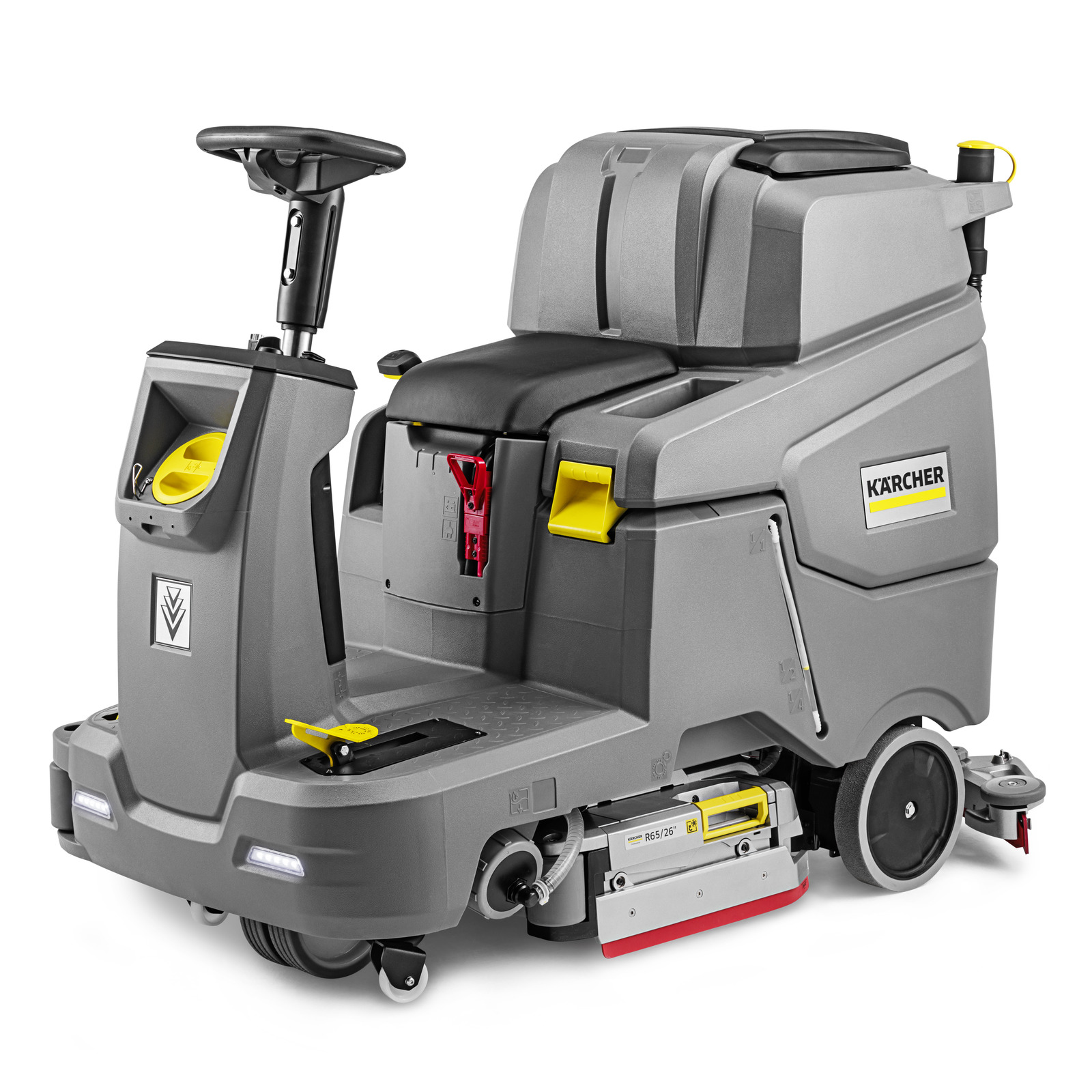 Kärcher ride-on floor scrubber with steering wheel, grey body, and red cleaning brushes, designed for indoor use. Kärcher ride-on floor scrubber with steering wheel, grey body, and red cleaning brushes, designed for indoor use.