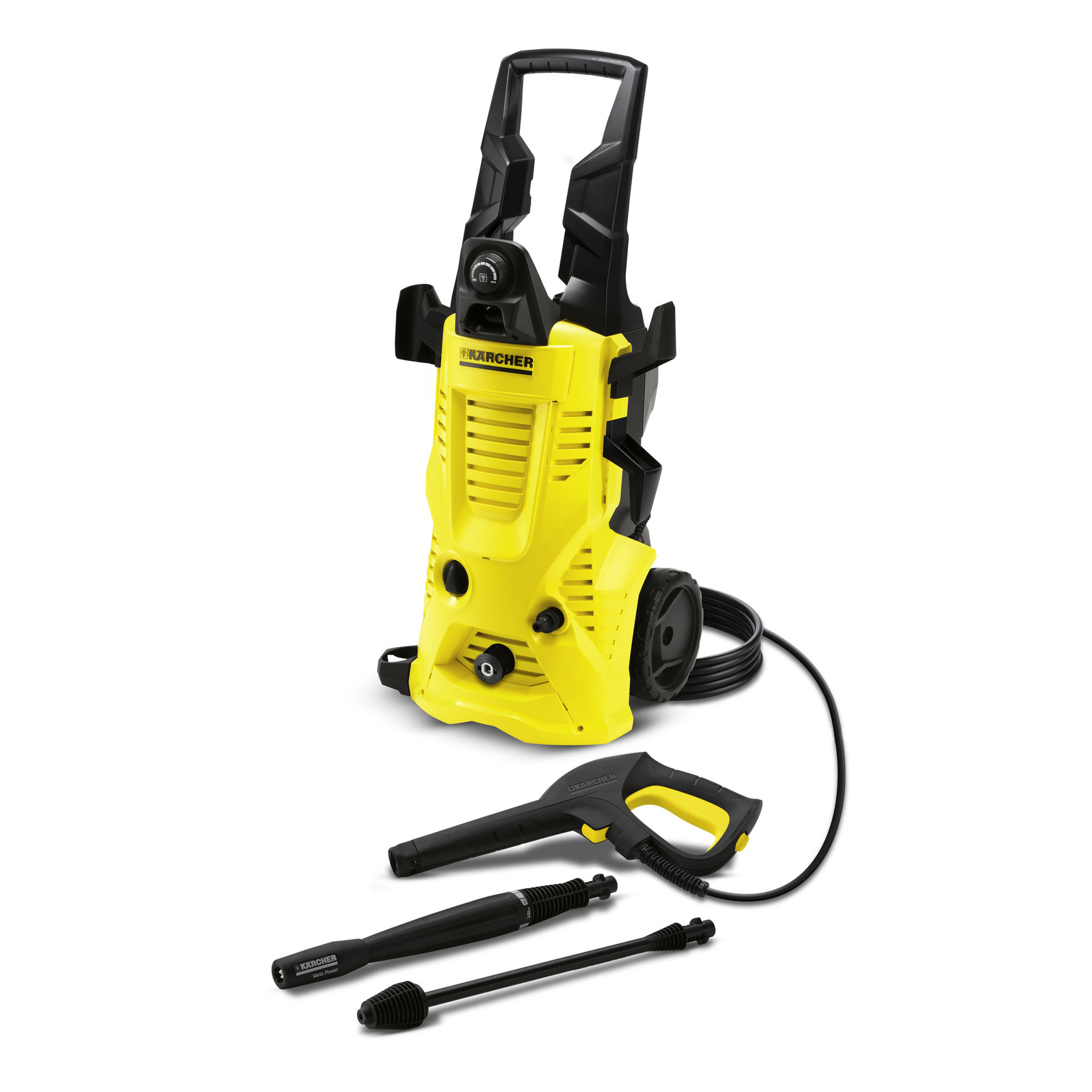 Yellow Kärcher high-pressure cleaner with hose, spray gun, and two nozzles on a white background.