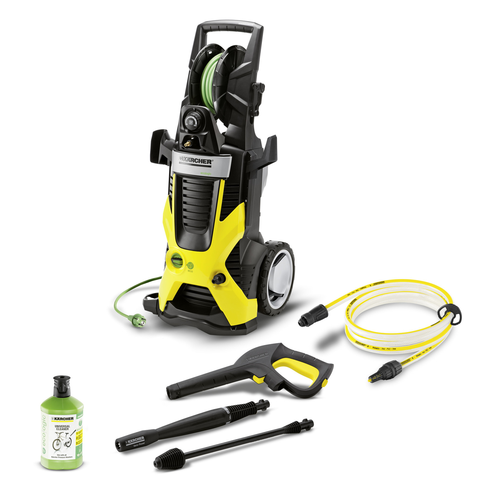 Kärcher high-pressure cleaner with hose, spray gun, two nozzles, and green detergent bottle on white background.