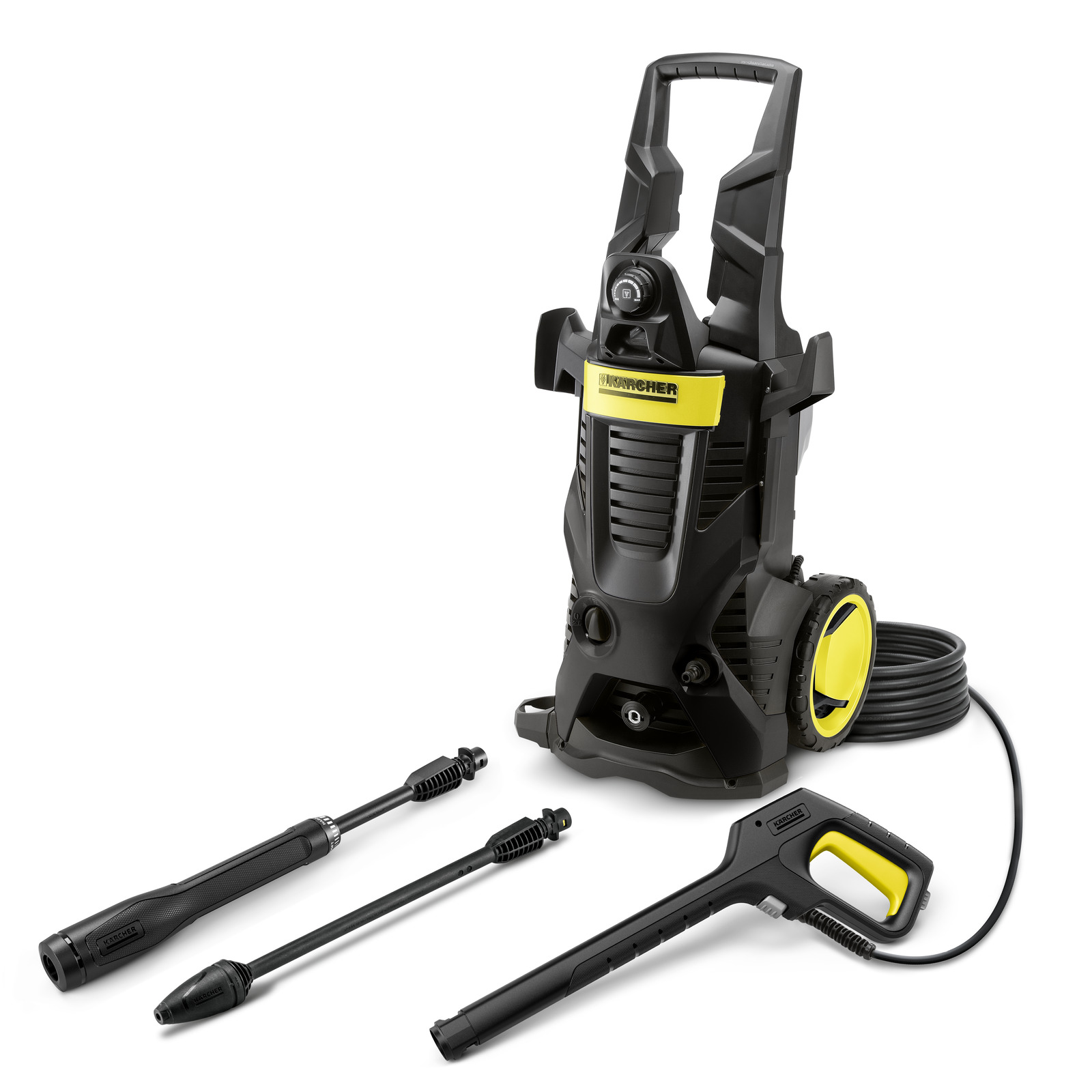 Kärcher high-pressure cleaner with two nozzles and a spray gun, coiled hose attached, on a white background.