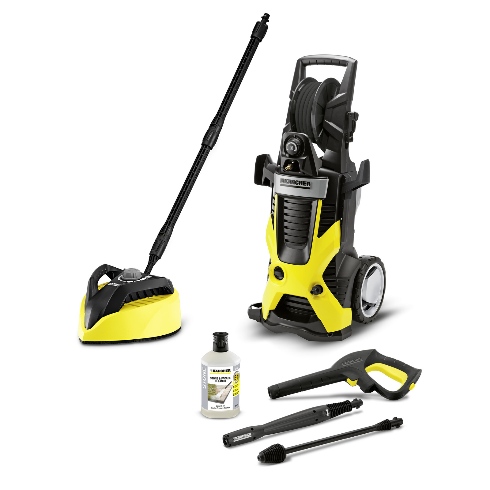 Aspirator Kärcher cu presiune înaltă, accesorii de curățare, detergent pentru piatră și faianță.