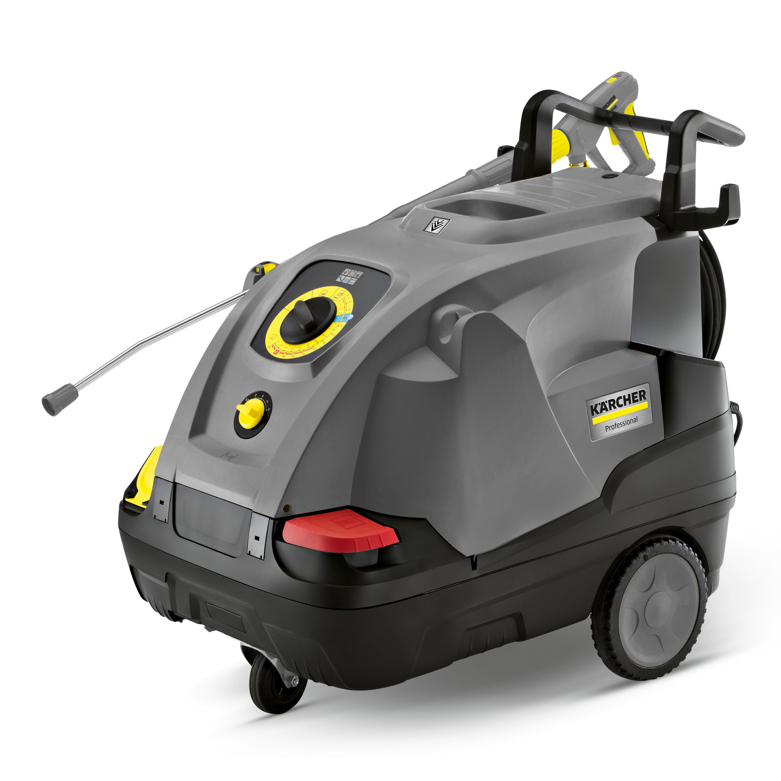 Kärcher professional high-pressure cleaner with grey body, control dial, and wheels, designed for easy mobility. Kärcher professional high-pressure cleaner with grey body, control dial, and wheels, designed for easy mobility.