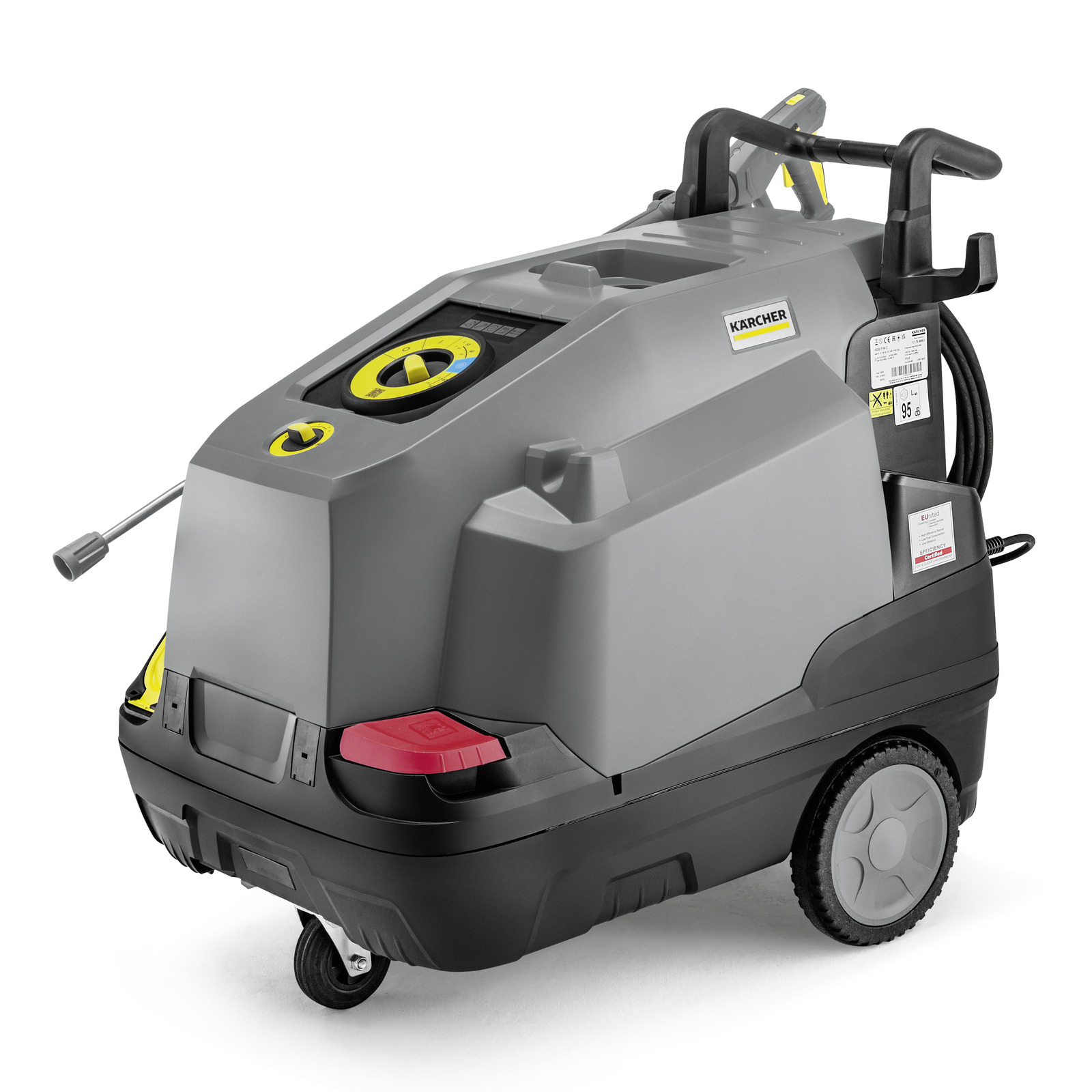 Grey Kärcher high-pressure cleaner with wheels, control panel, and hose holder, viewed from the rear angle.