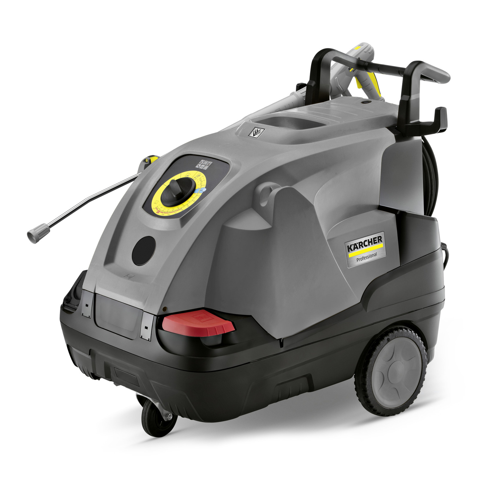 Kärcher professional high-pressure cleaner with grey body, black wheels, and control panel featuring a dial and gauge.