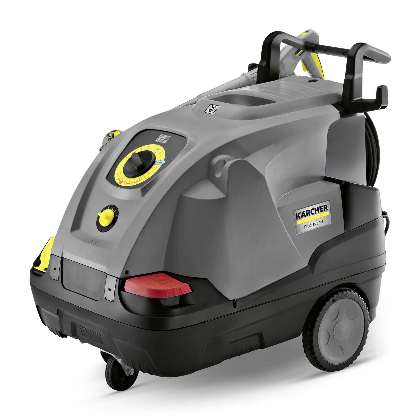 Kärcher professional high-pressure cleaner with grey body, yellow control dial, and black wheels.