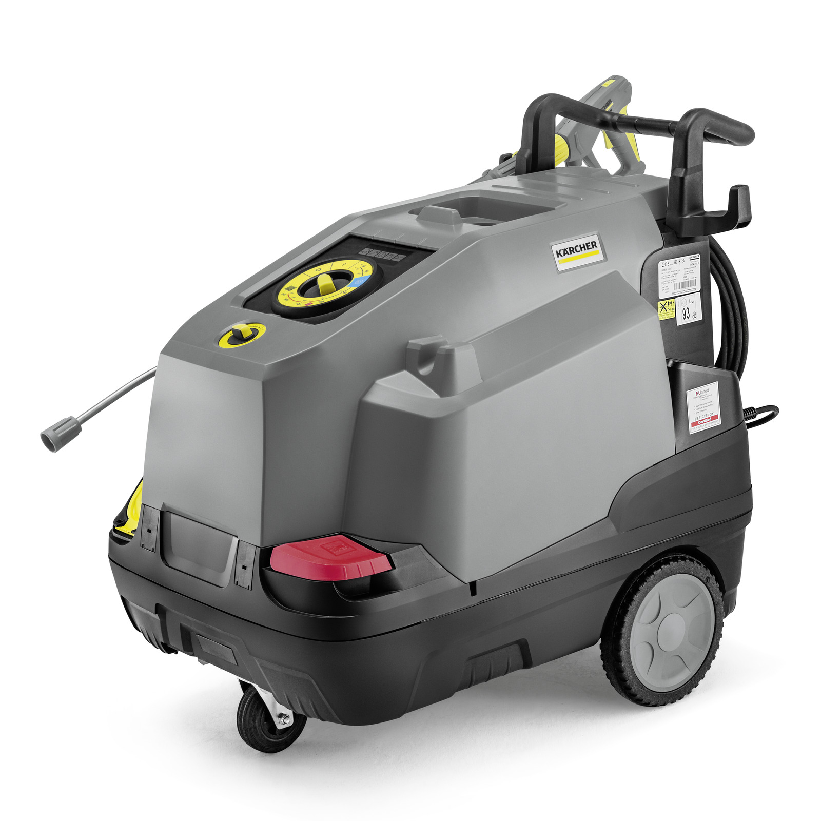 Grey Kärcher high-pressure cleaner with wheels, hose reel, and control panel, viewed from the rear angle.