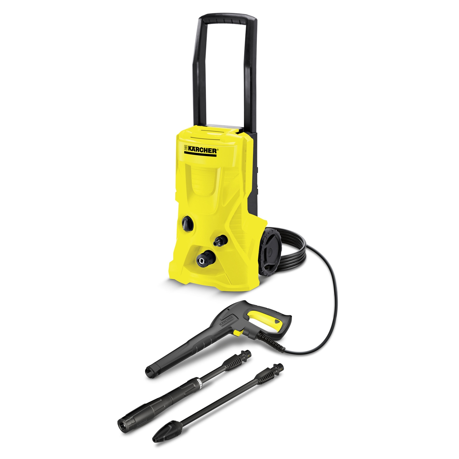 Yellow Kärcher high-pressure cleaner with black handle, hose, and three detachable nozzles on a white background.