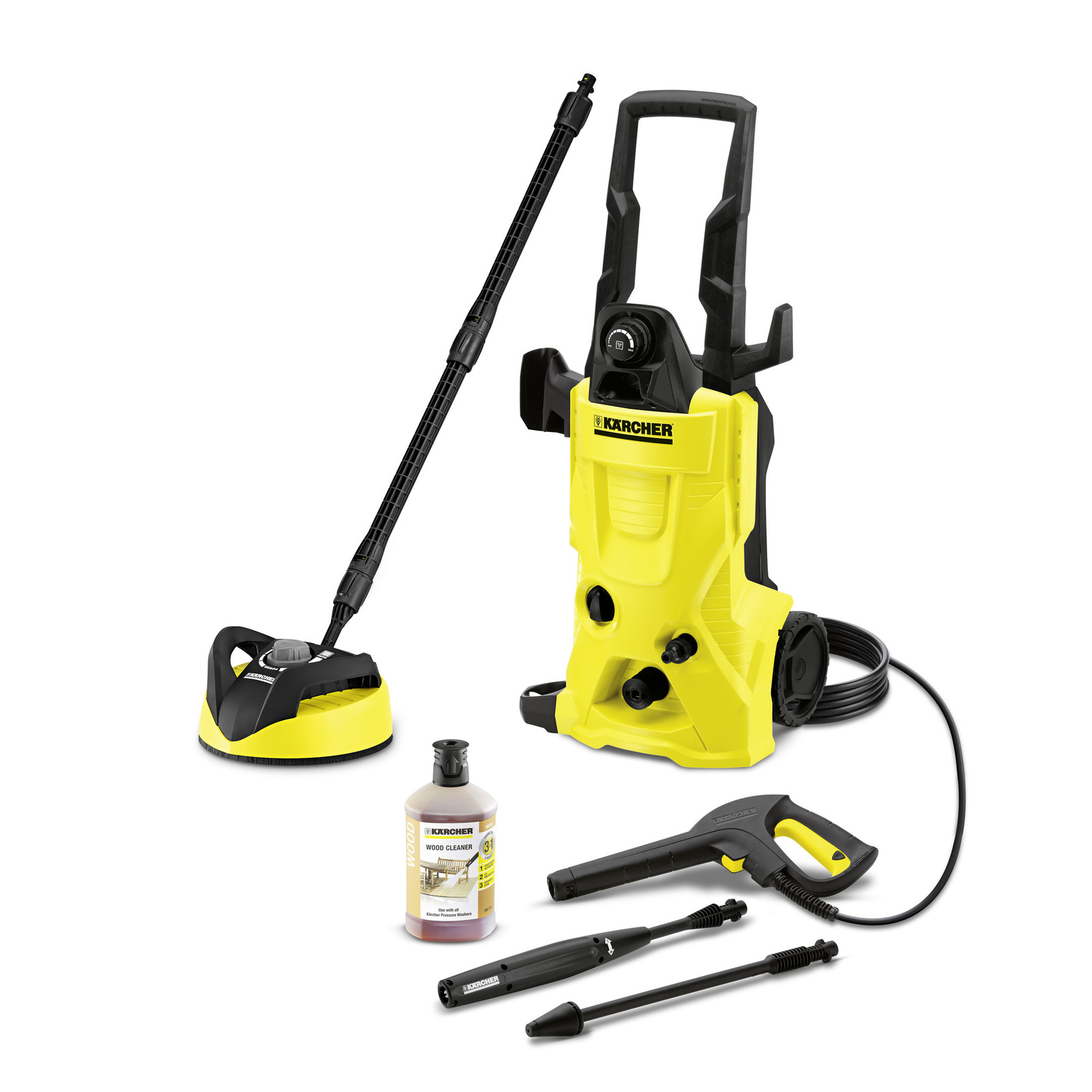Kärcher hogedrukreiniger met accessoires: oppervlakte reiniger, houtreiniger fles, spuitpistool en twee spuitlansen.