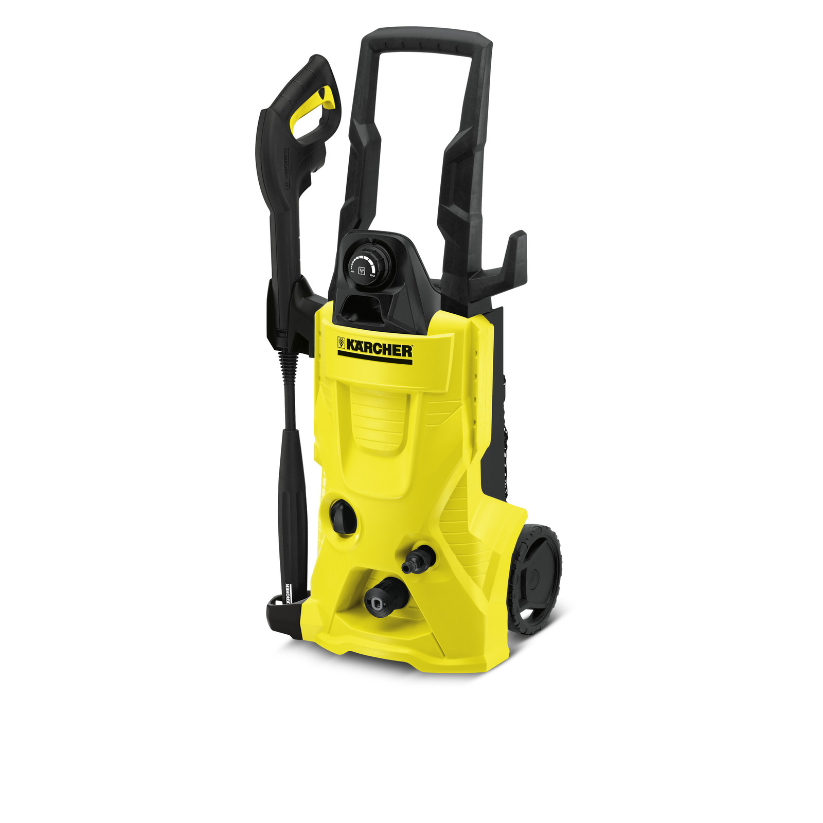 Yellow Kärcher high-pressure cleaner with black handle and wheels, featuring a control dial and hose attachment. Yellow Kärcher high-pressure cleaner with black handle and wheels, featuring a control dial and hose attachment.