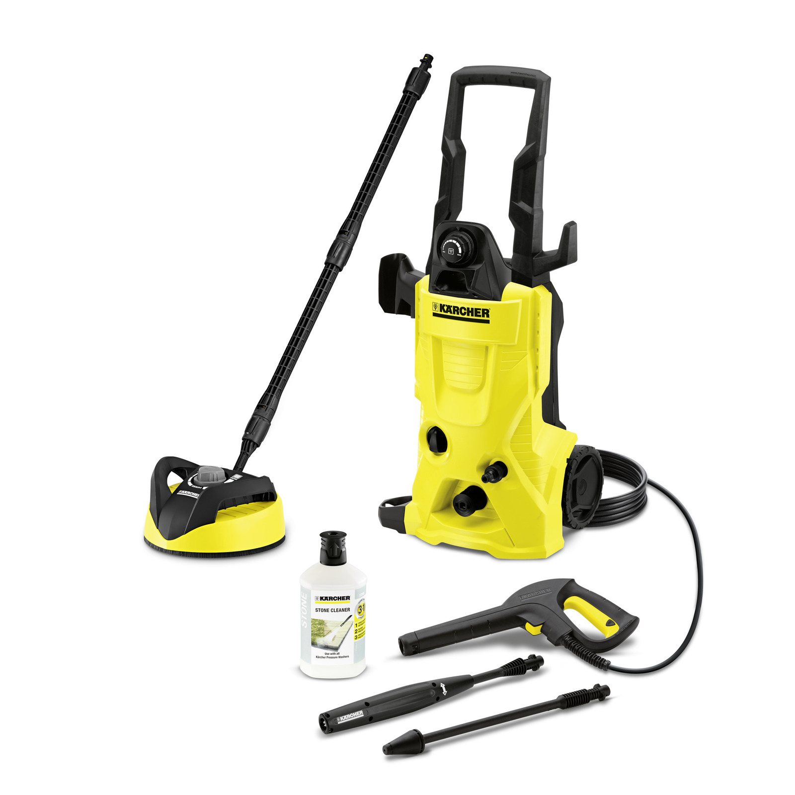 Kärcher high-pressure cleaner with accessories including a surface cleaner, stone cleaner bottle, spray gun, and two extension wands.