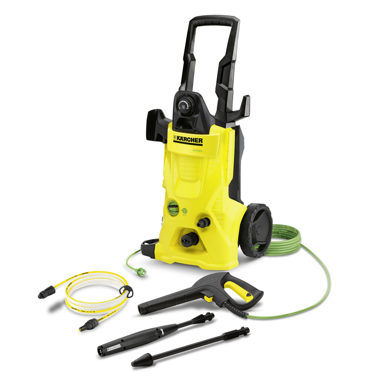 Yellow Kärcher high-pressure cleaner with hose, spray gun, and two lance attachments on a white background. Yellow Kärcher high-pressure cleaner with hose, spray gun, and two lance attachments on a white background.