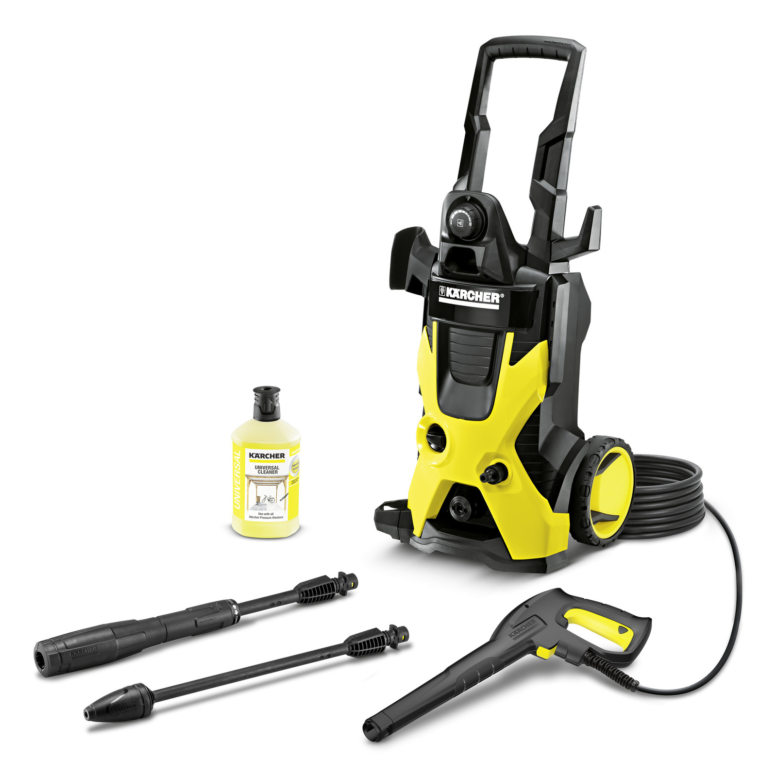 Aspirator Kärcher de înaltă presiune cu accesorii: lance, pistol și detergent. Design galben-negru, cablu înfășurat.