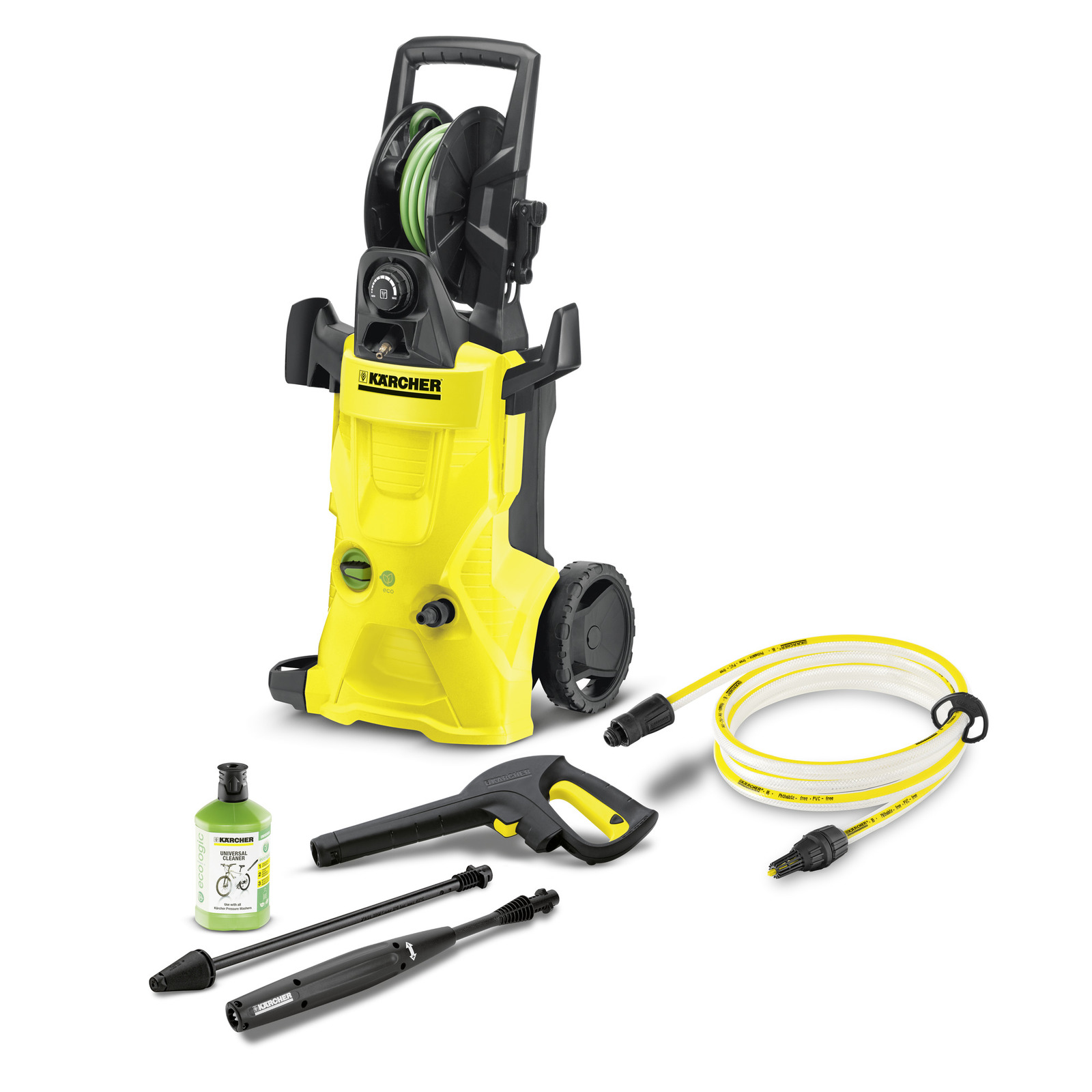 Kärcher high-pressure cleaner with hose, spray gun, detergent bottle, and two nozzles on a white background.