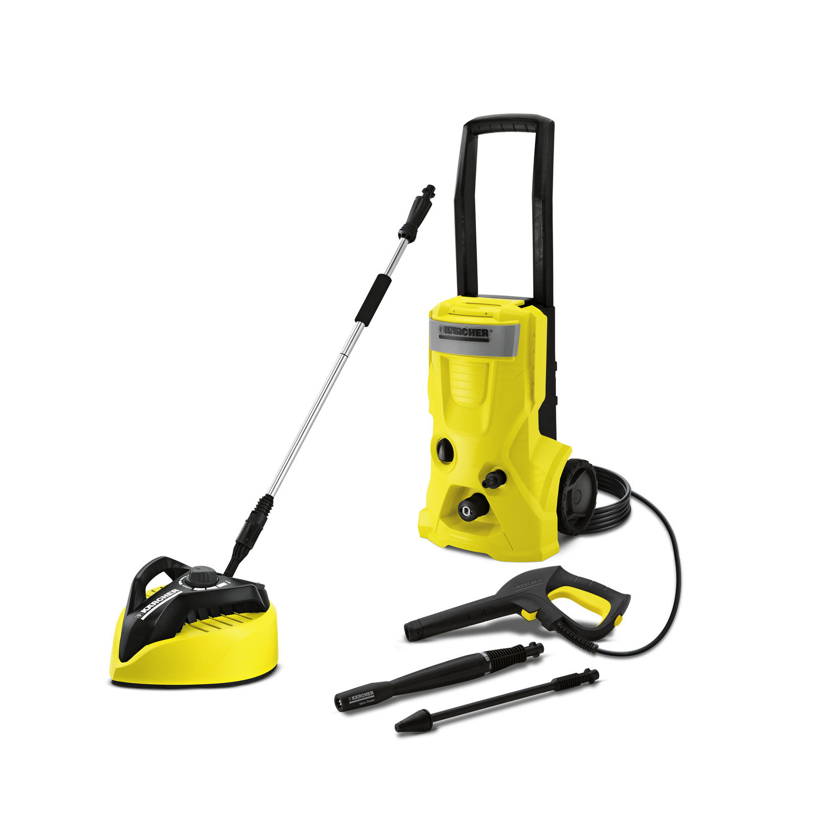 Yellow Kärcher high-pressure cleaner with accessories including a surface cleaner, spray gun, and extension wands.