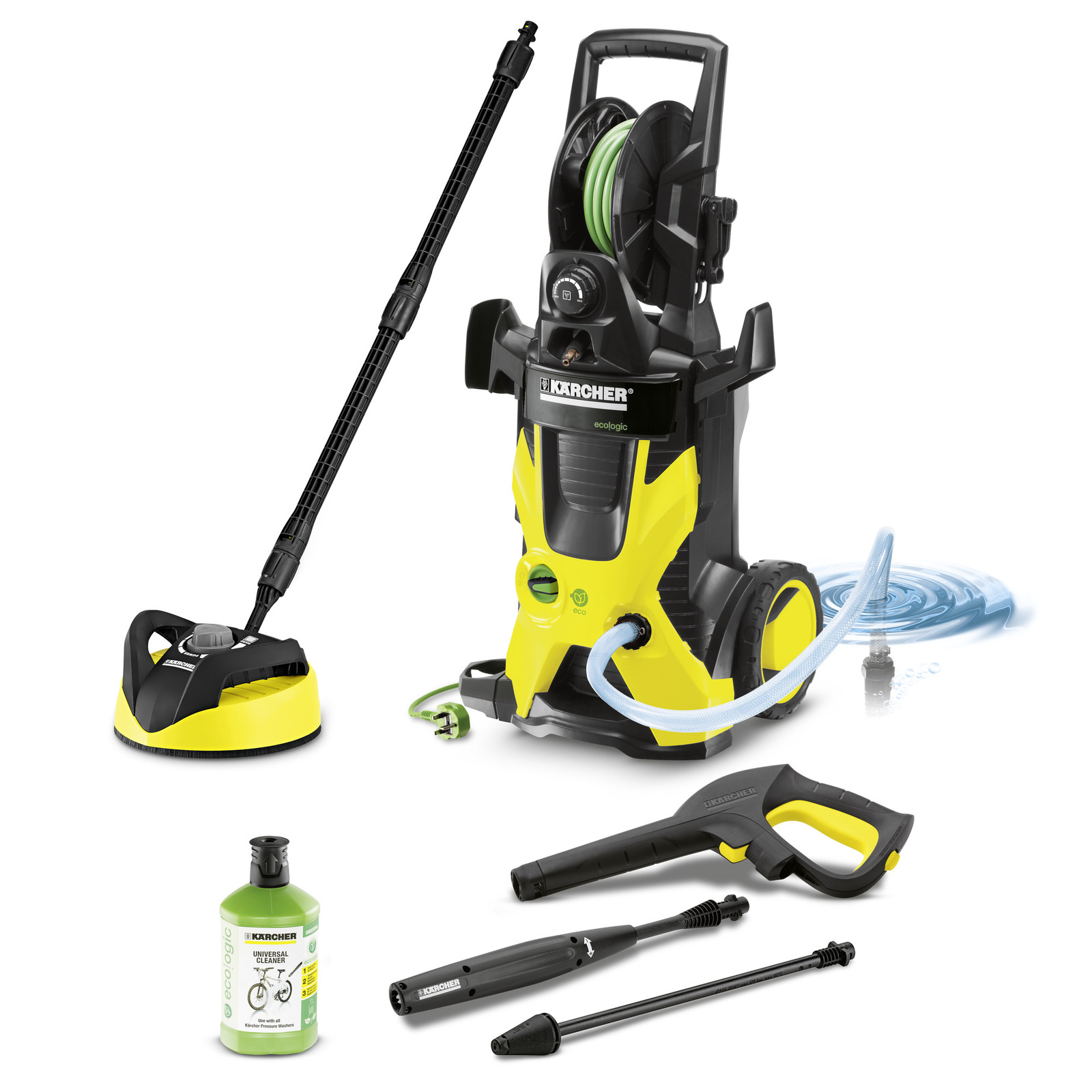 Aspirator Kärcher cu presiune înaltă, accesorii de curățare, detergent ecologic și furtun albastru. Aspirator Kärcher cu presiune înaltă, accesorii de curățare, detergent ecologic și furtun albastru.