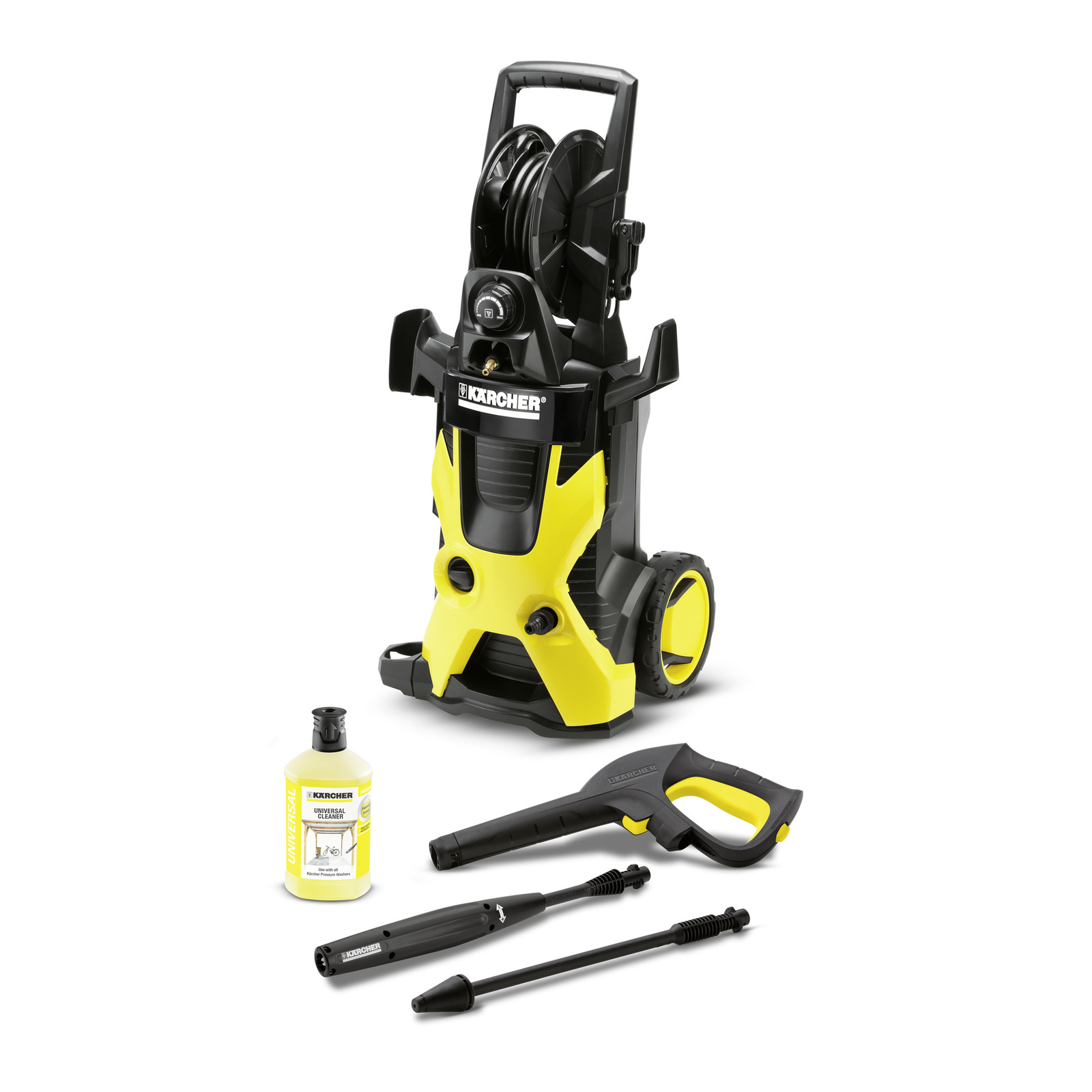 Aspirator Kärcher cu presiune înaltă, detergent universal, pistol de pulverizare și două lance de curățare.
