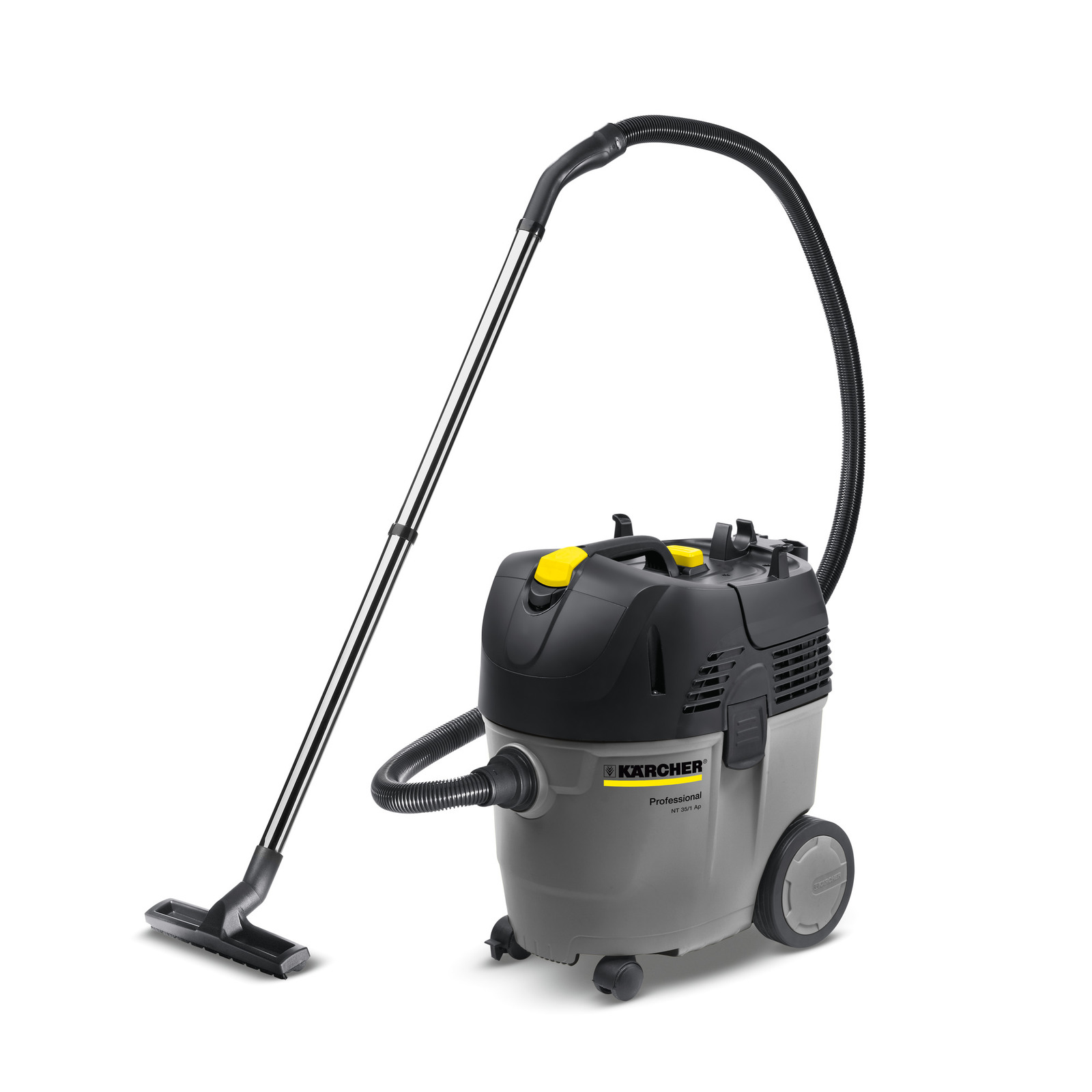 Kärcher wet and dry vacuum cleaner with a grey body, black top, and yellow accents, featuring a long hose and floor nozzle.
