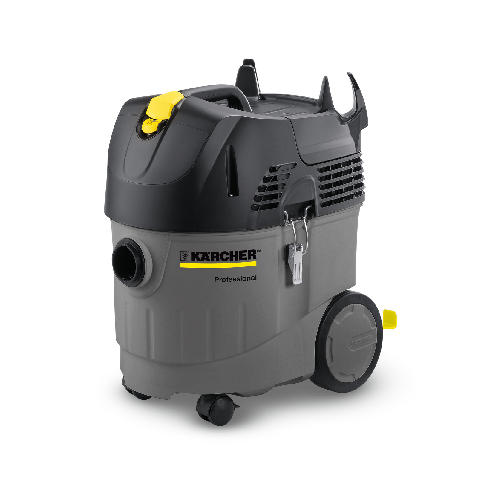 Kärcher professional vacuum cleaner with grey body, black top, yellow accents, and wheels.