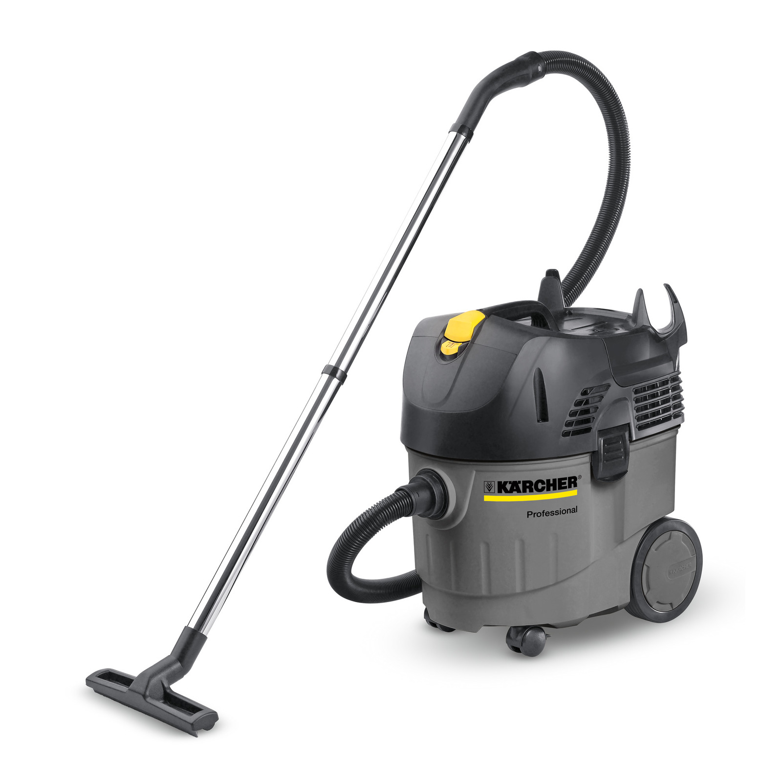 Aspirator Kärcher Professional cu design gri-negru, dotat cu furtun flexibil și mâner metalic.
