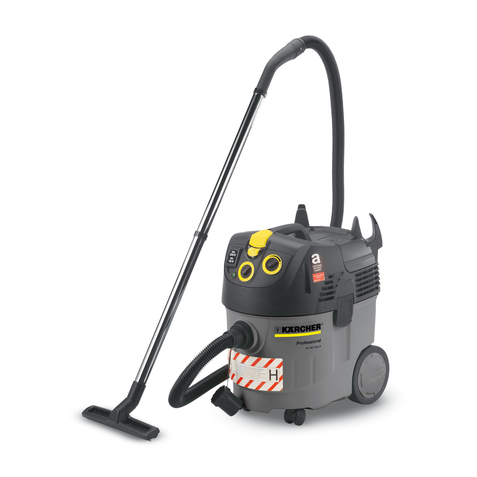 Kärcher NT 35/1 Eco H Professional vacuum cleaner with hose and floor nozzle, grey and black design, yellow accents. Kärcher NT 35/1 Eco H Professional vacuum cleaner with hose and floor nozzle, grey and black design, yellow accents.