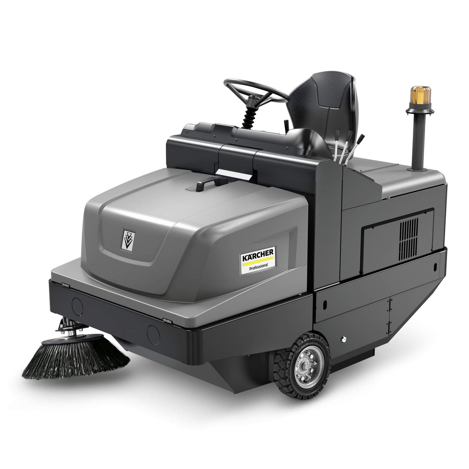 Kärcher ride-on sweeper with steering wheel, seat, and brush attachment, featuring a grey and black design. Kärcher ride-on sweeper with steering wheel, seat, and brush attachment, featuring a grey and black design.