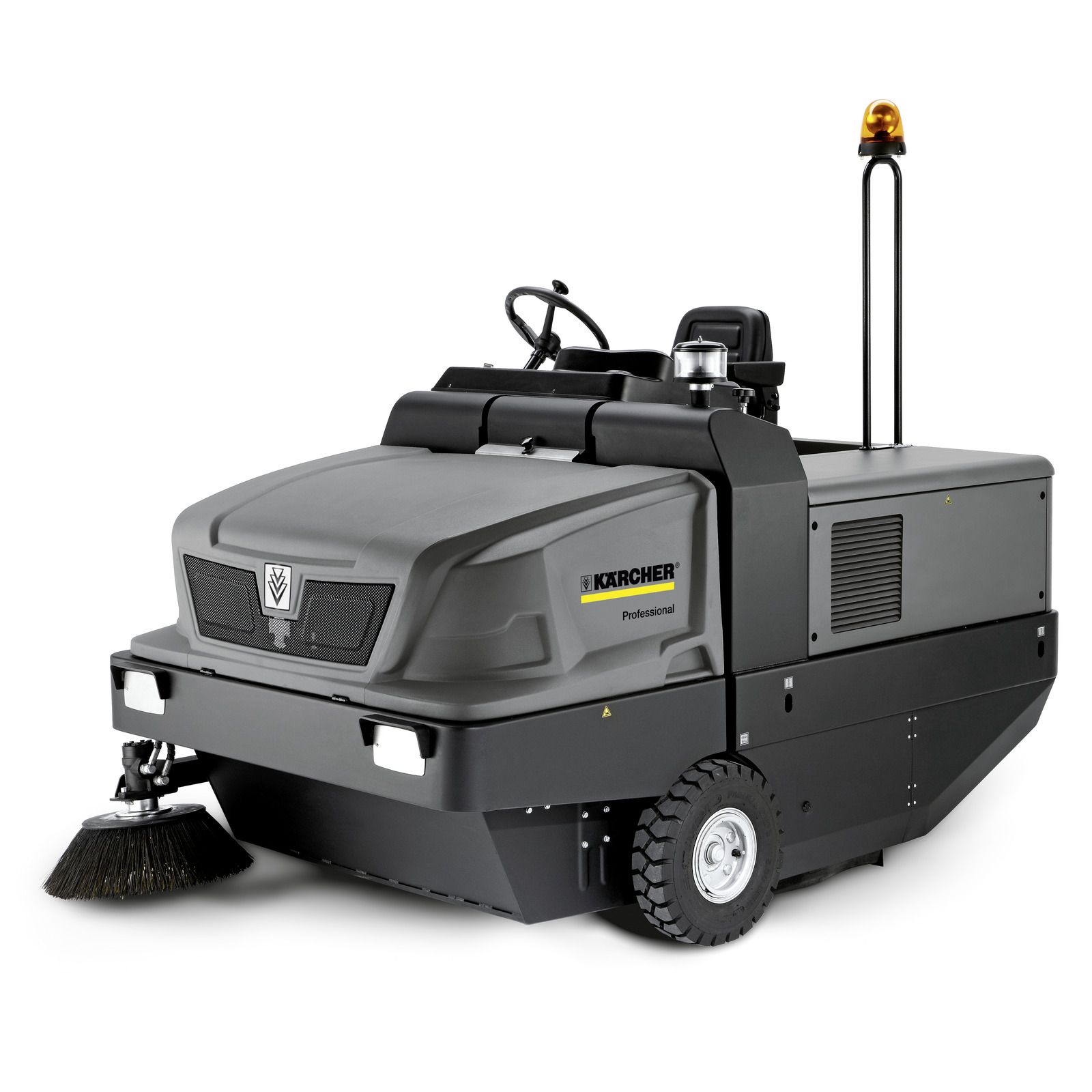 Kärcher ride-on sweeper with a brush attachment and an orange warning light on top. Kärcher ride-on sweeper with a brush attachment and an orange warning light on top.