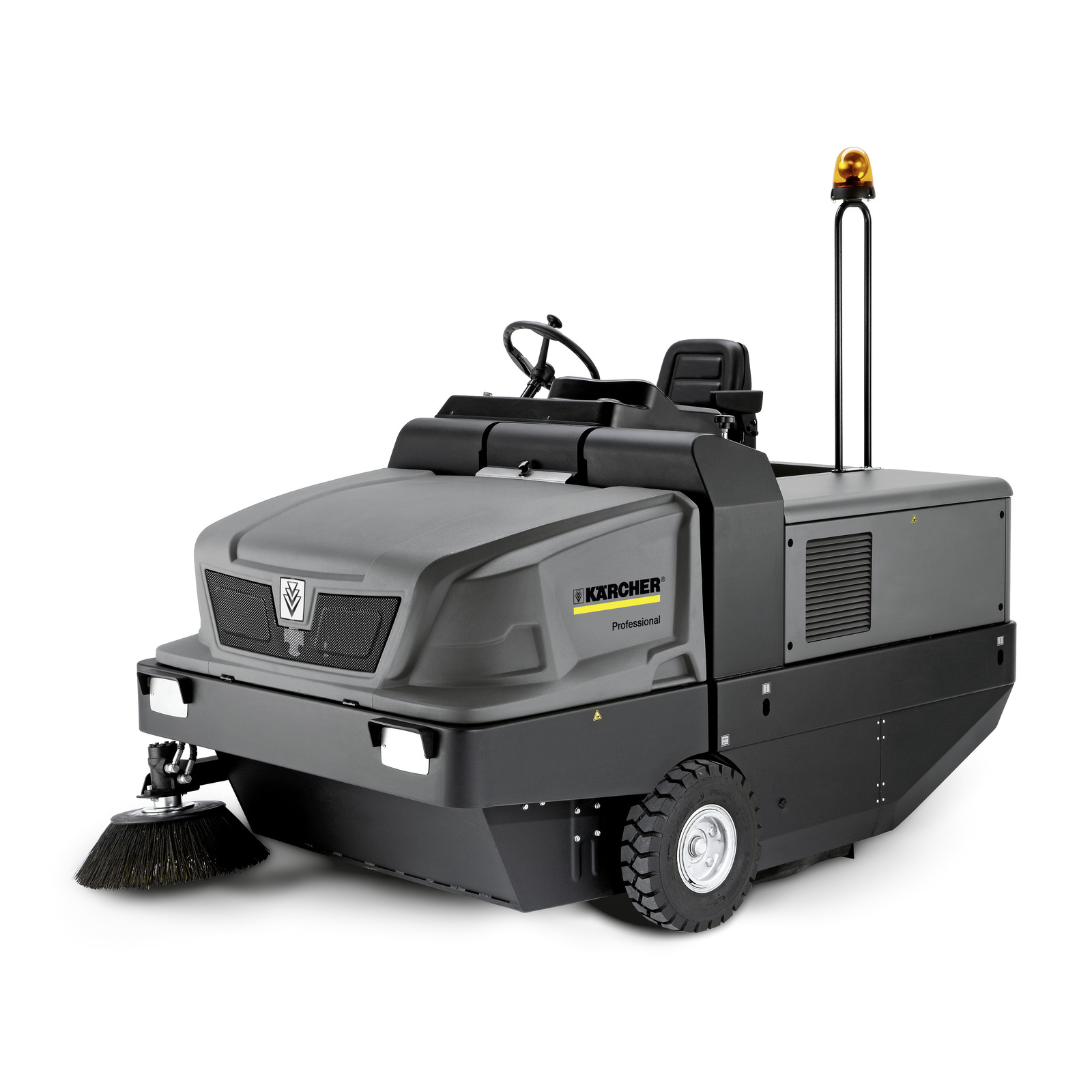 Grey and black Kärcher ride-on sweeping machine with a front-mounted brush, driver's seat, and amber warning light, presented on a white background.
