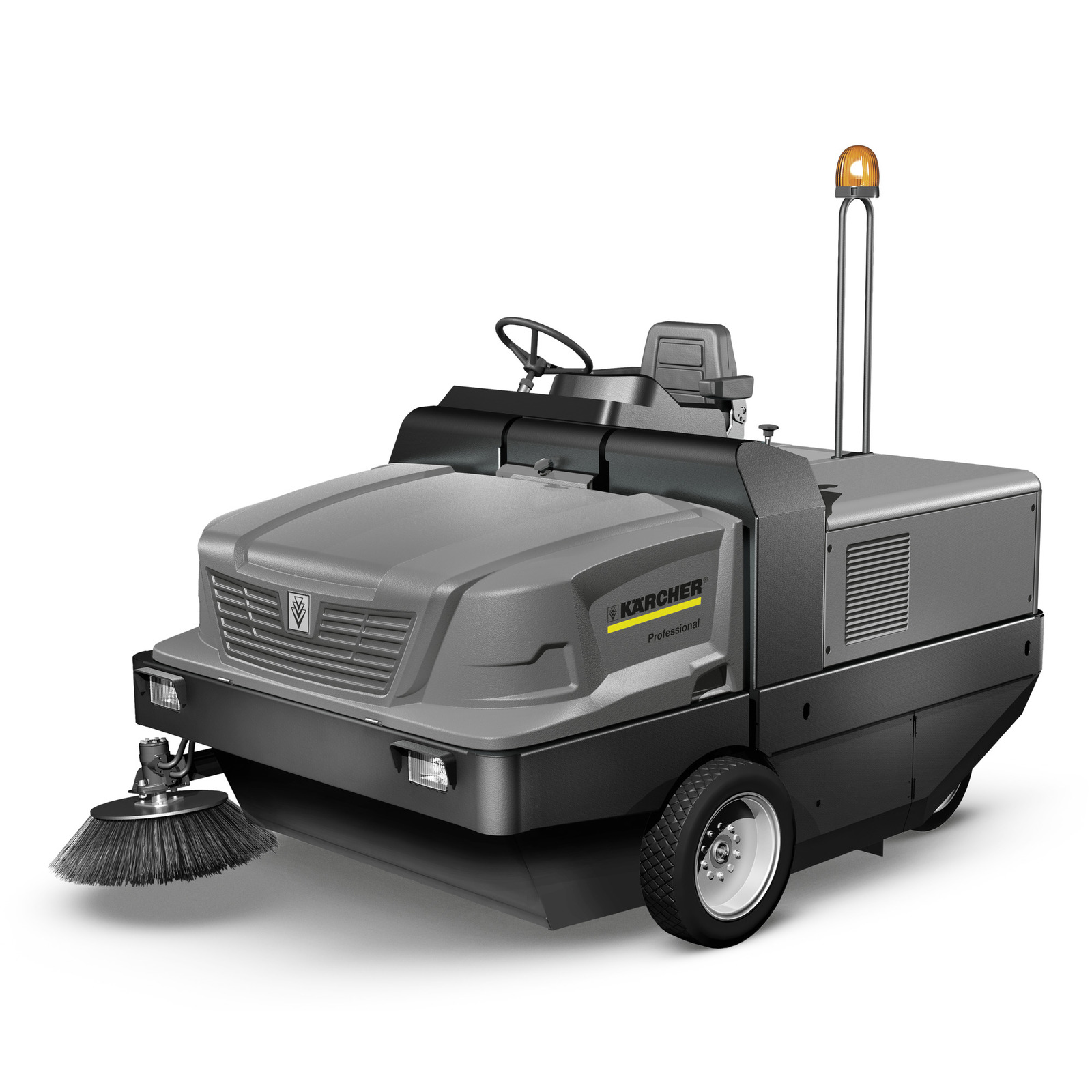 Kärcher ride-on sweeper with a steering wheel, brush attachment, and amber warning light on top. Kärcher ride-on sweeper with a steering wheel, brush attachment, and amber warning light on top.