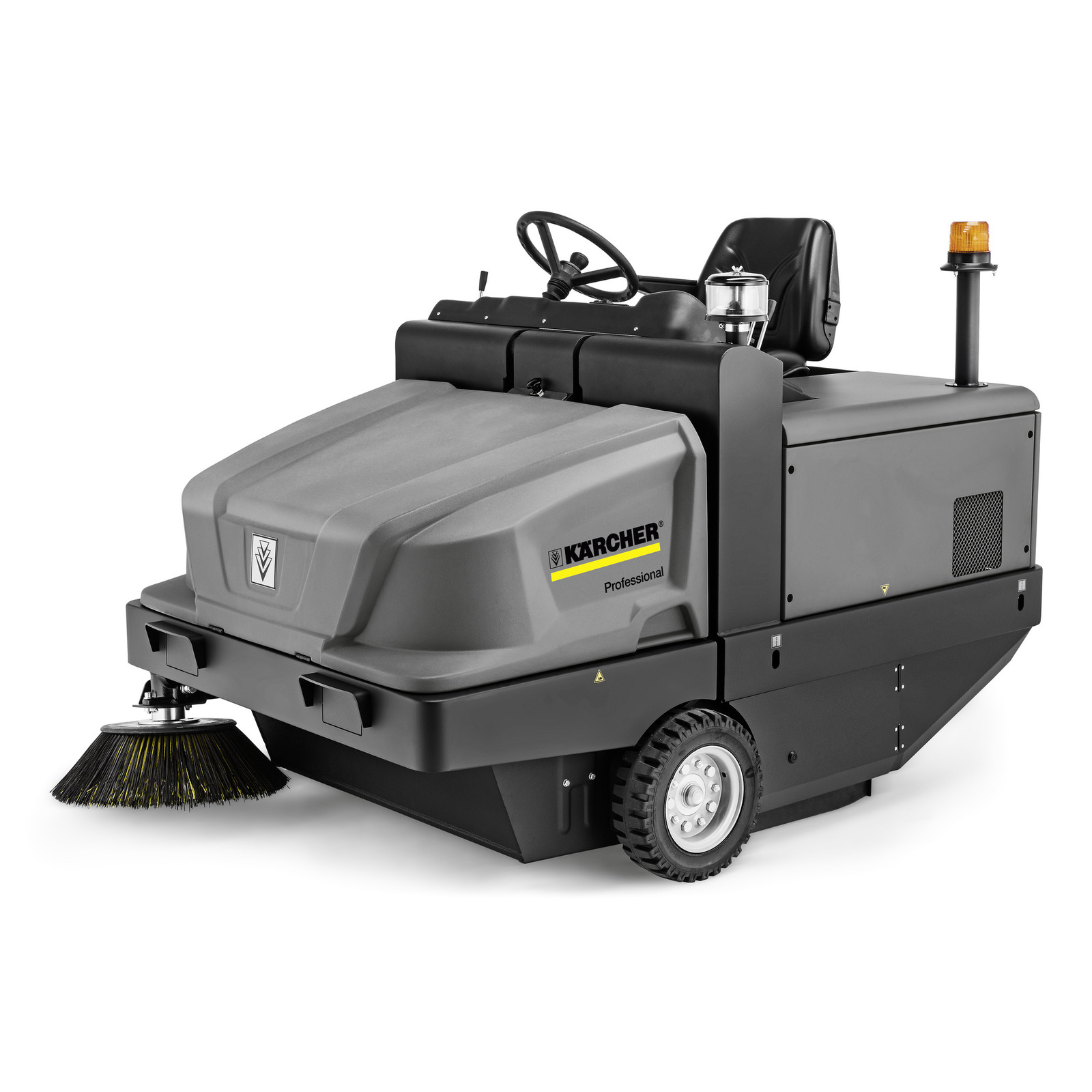 Kärcher ride-on sweeper with steering wheel, black seat, and orange warning light, featuring a front brush and grey body. Kärcher ride-on sweeper with steering wheel, black seat, and orange warning light, featuring a front brush and grey body.