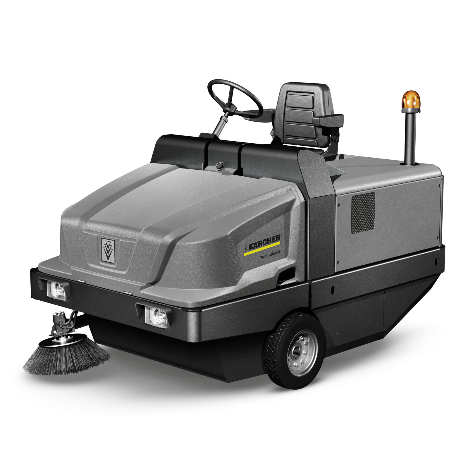 Kärcher ride-on sweeper with steering wheel, seat, and rotating brush, featuring a grey and black design with an amber warning light. Kärcher ride-on sweeper with steering wheel, seat, and rotating brush, featuring a grey and black design with an amber warning light.