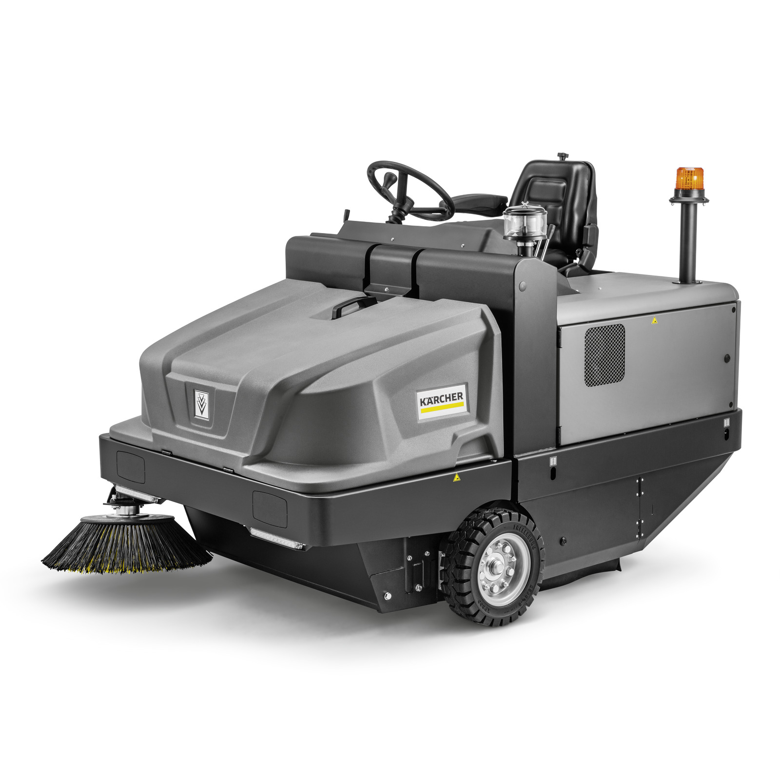 Kärcher ride-on sweeper with steering wheel, brush attachment, and orange warning light, designed for industrial cleaning. Kärcher ride-on sweeper with steering wheel, brush attachment, and orange warning light, designed for industrial cleaning.