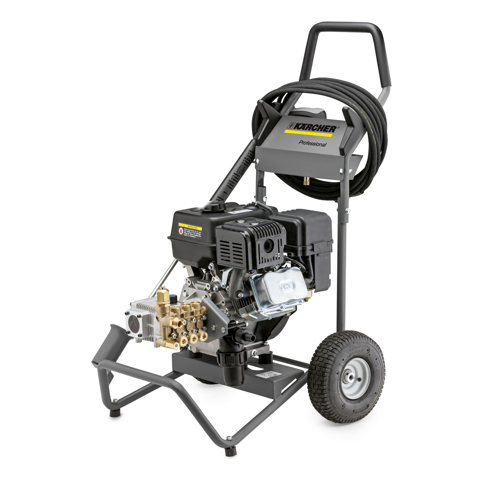 Kärcher high-pressure cleaner with wheels, hose reel, and metal frame, designed for professional use.