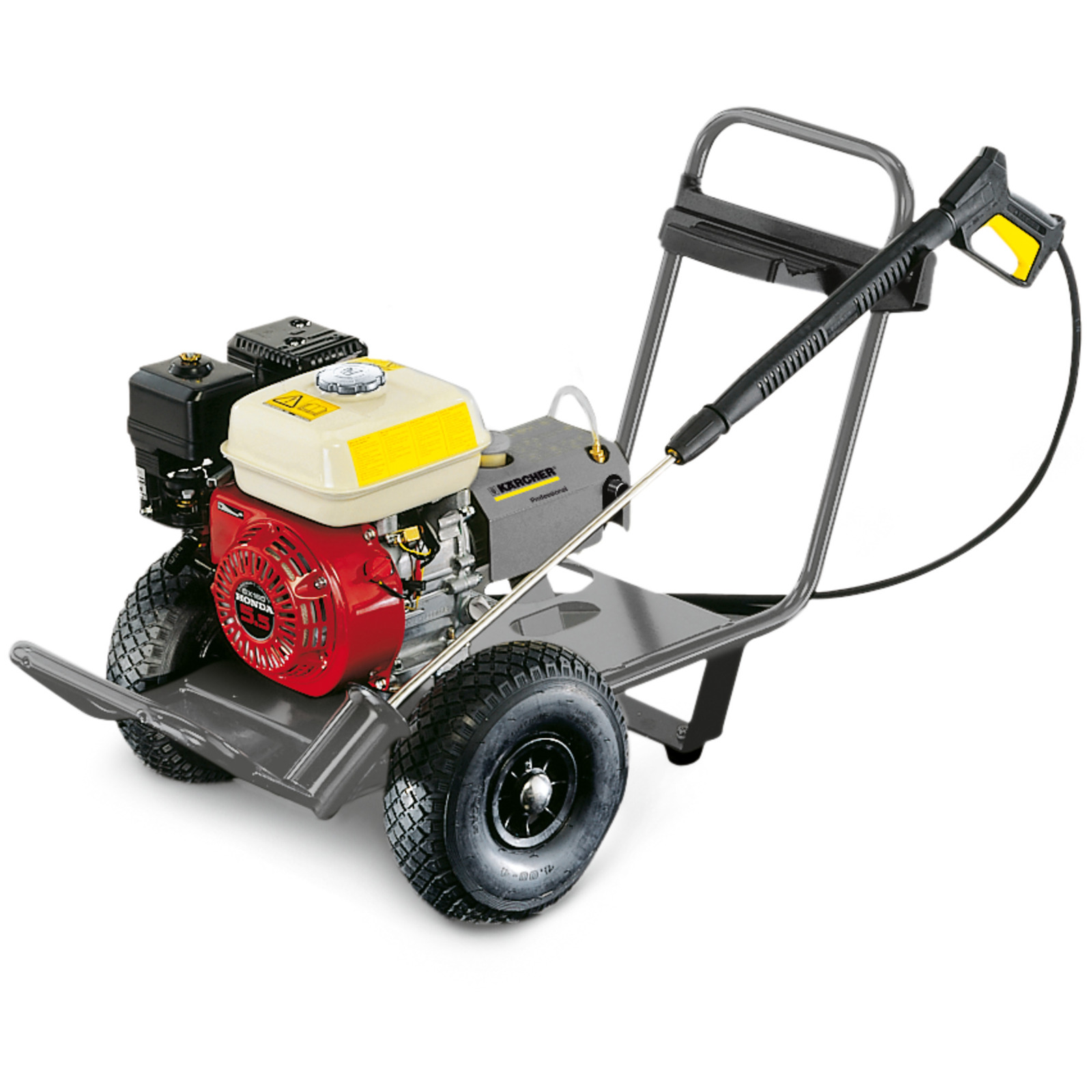 Kärcher high-pressure cleaner with a red engine, mounted on a wheeled frame, featuring a long spray wand.