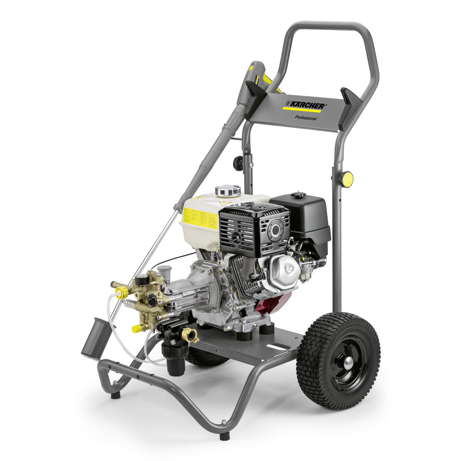 Kärcher high-pressure cleaner with wheels, handle, and visible engine components, set against a plain white background. Kärcher high-pressure cleaner with wheels, handle, and visible engine components, set against a plain white background.
