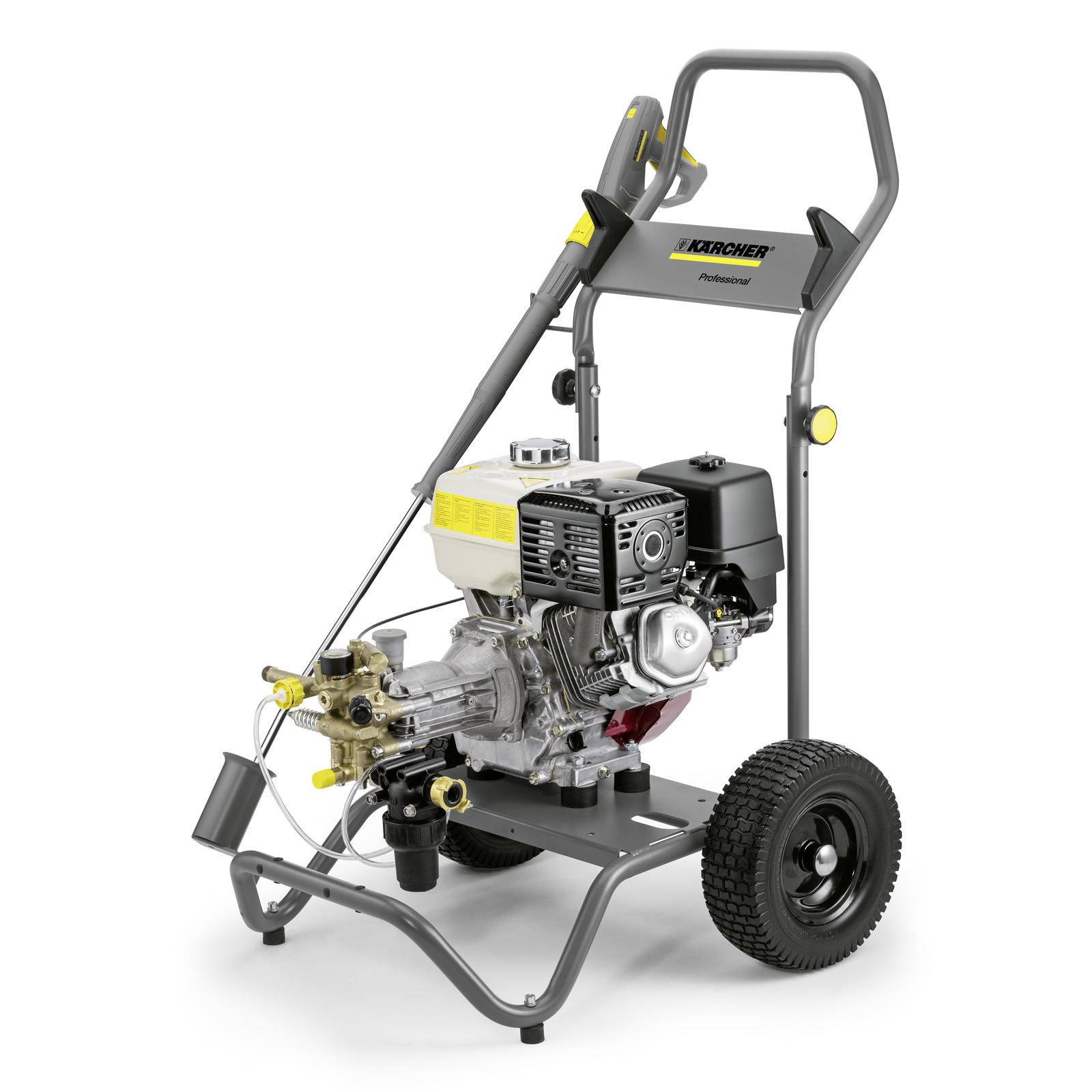 Kärcher high-pressure cleaner with a metal frame, large wheels, and a mounted engine.